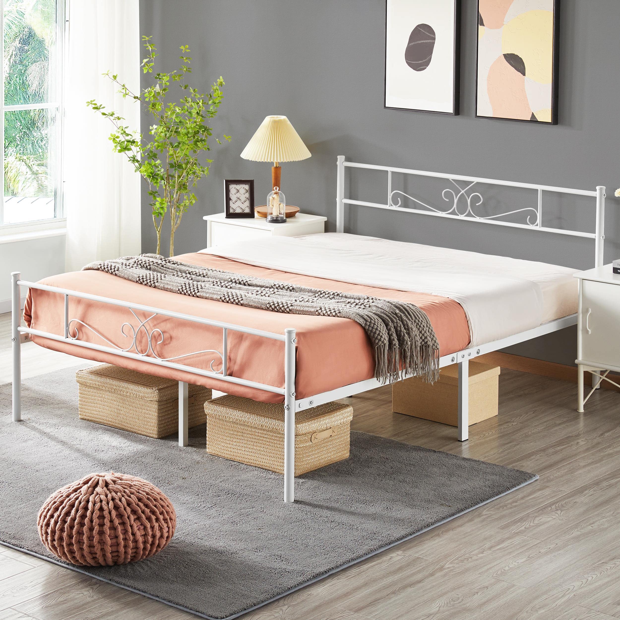 Topeakmart 13 Inch White Classic Metal Bed Frame with Headboard - Queen Size Platform Bed with Slatted Base & Mattress Foundation | Sturdy Support for Bedroom, Guest Room, Dorm & Apartment