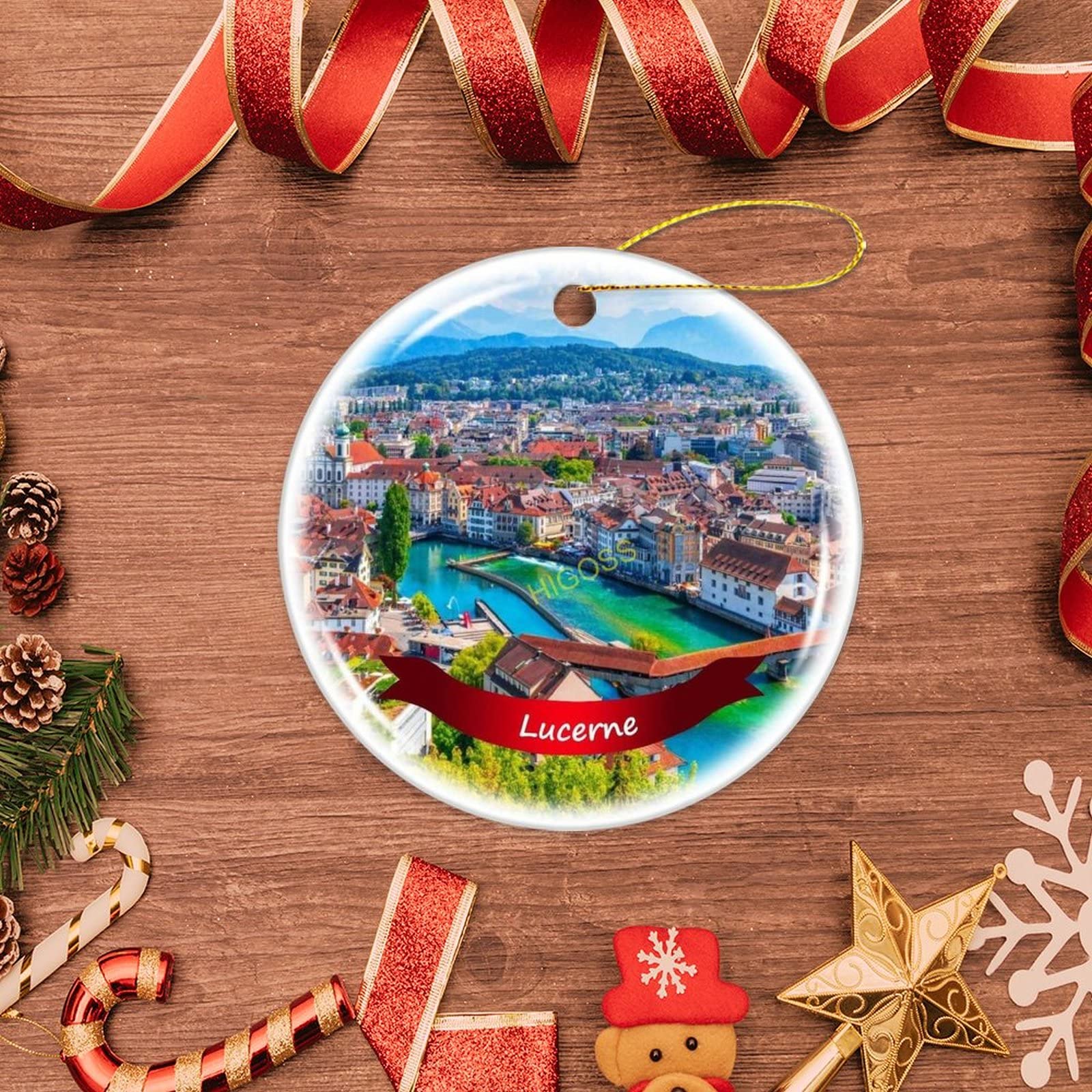 Lucerne Switzerland Christmas Tree Ornament - 3 Inch Double-Sided Porcelain Ceramic Holiday Decoration for Xmas Tree, Home, Office & Gift Giving
