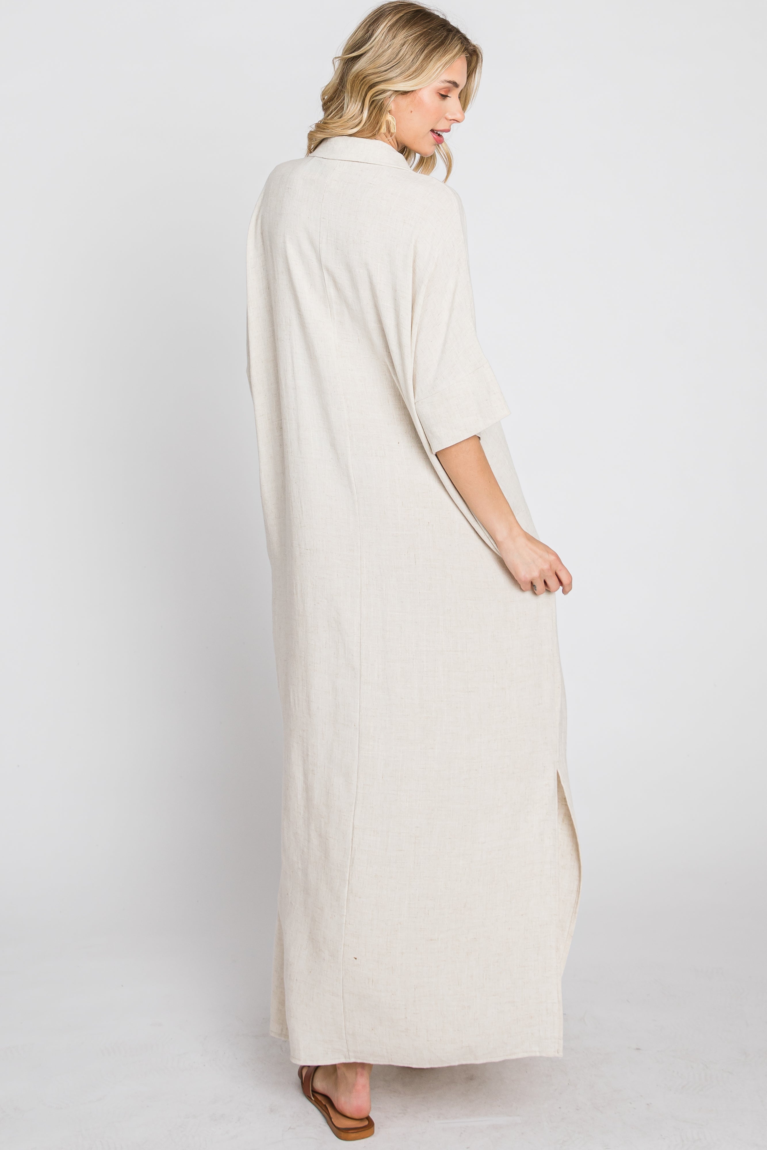 Beige Collared Linen Maxi Dress for Women - Summer Casual Long Dress with V-Neck & Pockets - Perfect for Beach, Vacation & Boho Style Outfits
