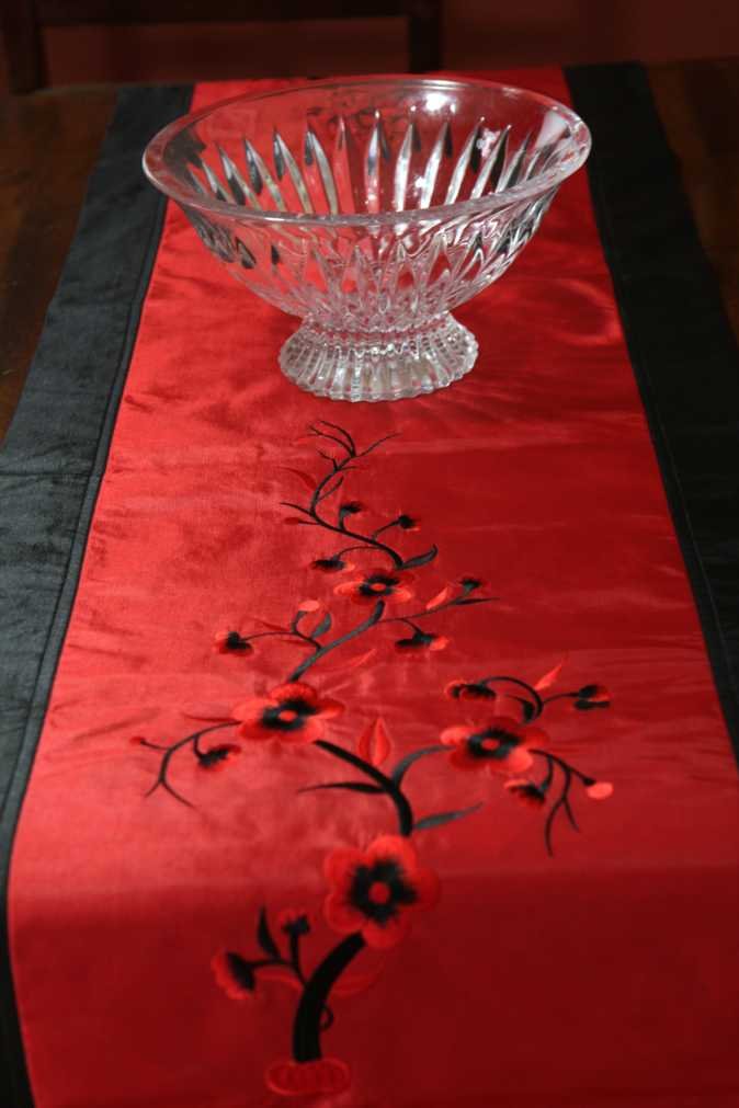 Handmade Silk Embroidered Table Runner with Red Plum Blossom Design - Vietnamese Craftsmanship - Perfect for Dining Table Decor, Wedding Centerpiece & Home Decoration - STR30