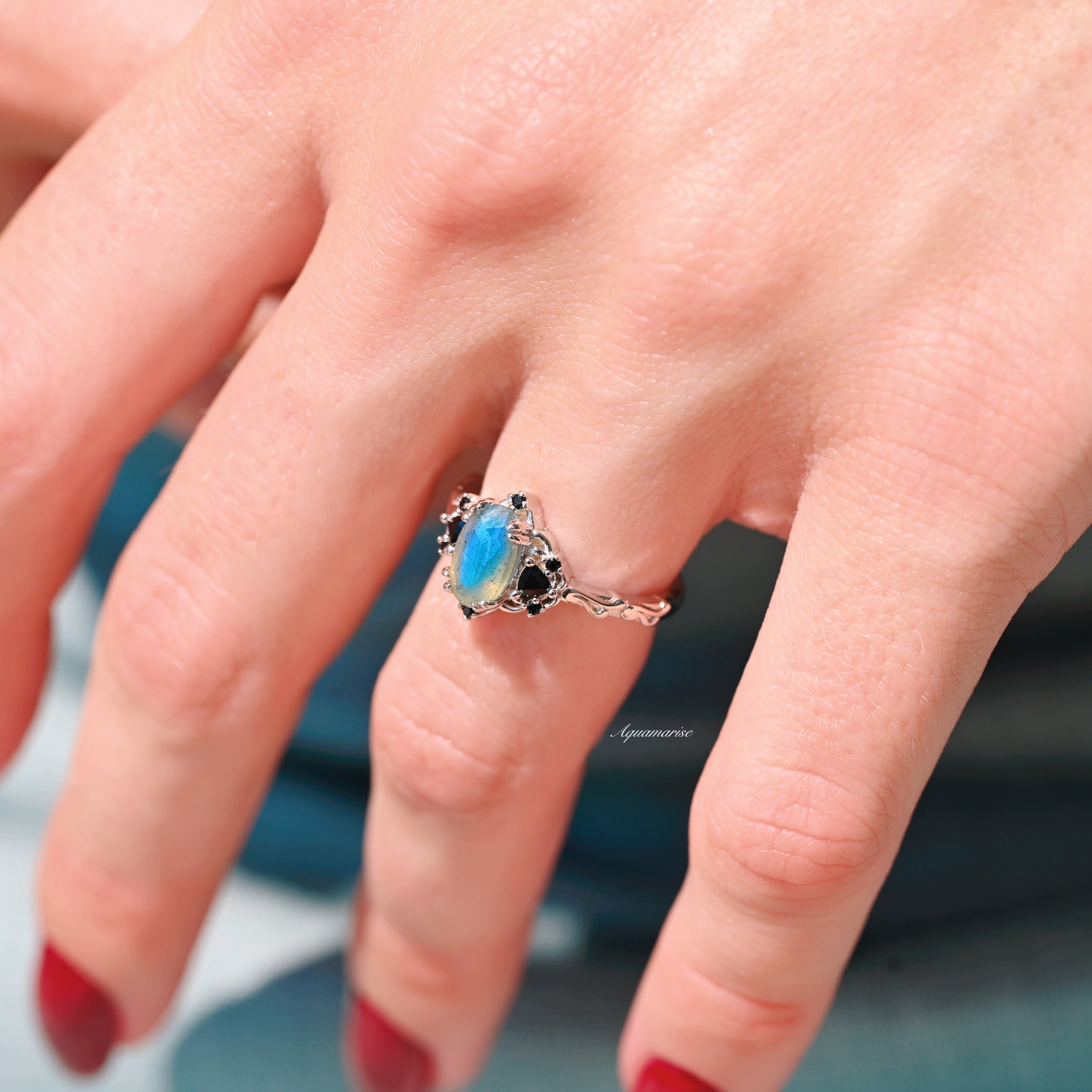 Esme Labradorite & Black Onyx Ring - 925 Sterling Silver Jewelry for Women | Elegant Statement Ring for Everyday Wear, Gift for Her, Boho Chic Accessory