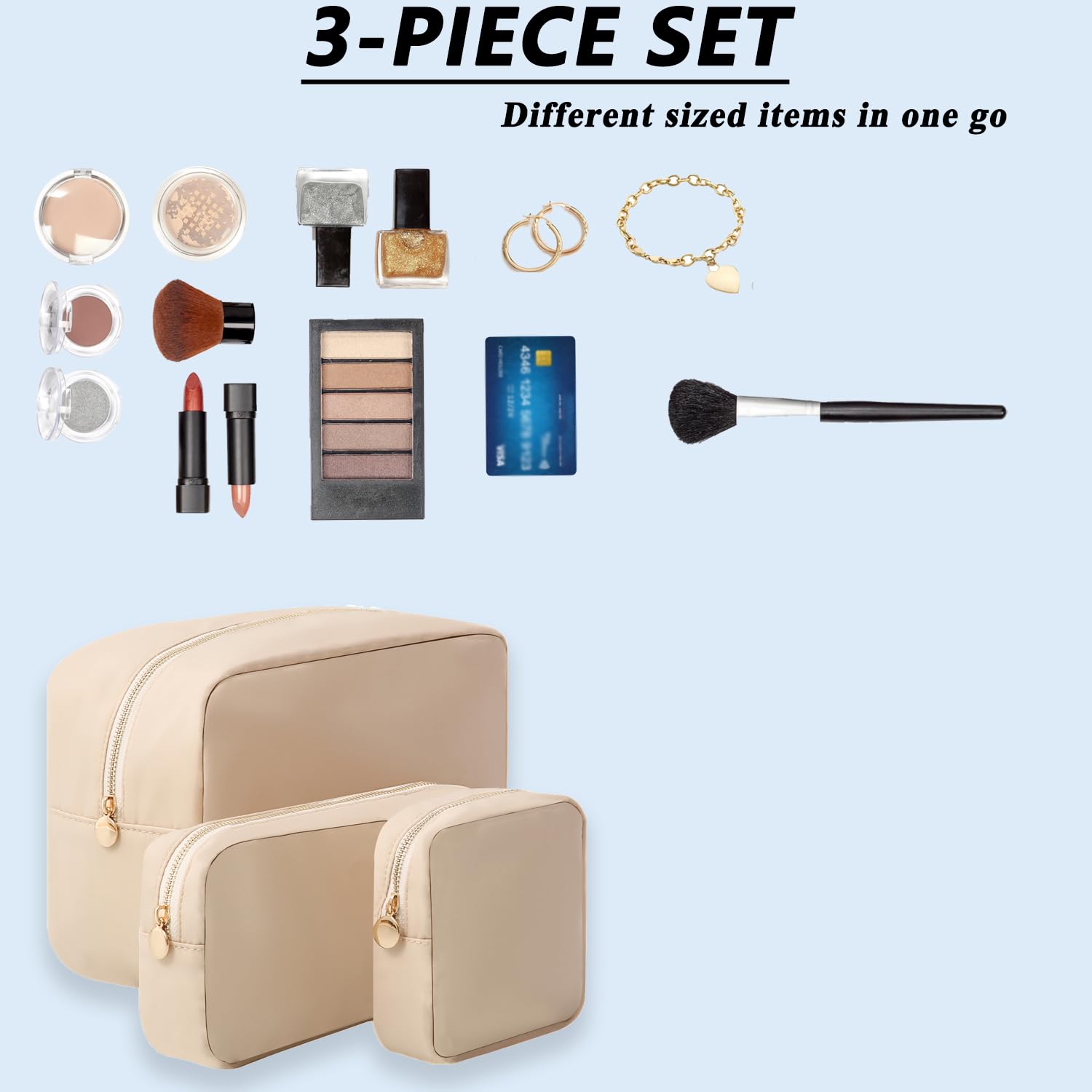 3-Piece Waterproof Nylon Makeup Bag Set with Zipper - Travel Cosmetic Organizer Pouch for Toiletries, Makeup & Accessories - Perfect for Travel, Gym, and Daily Use