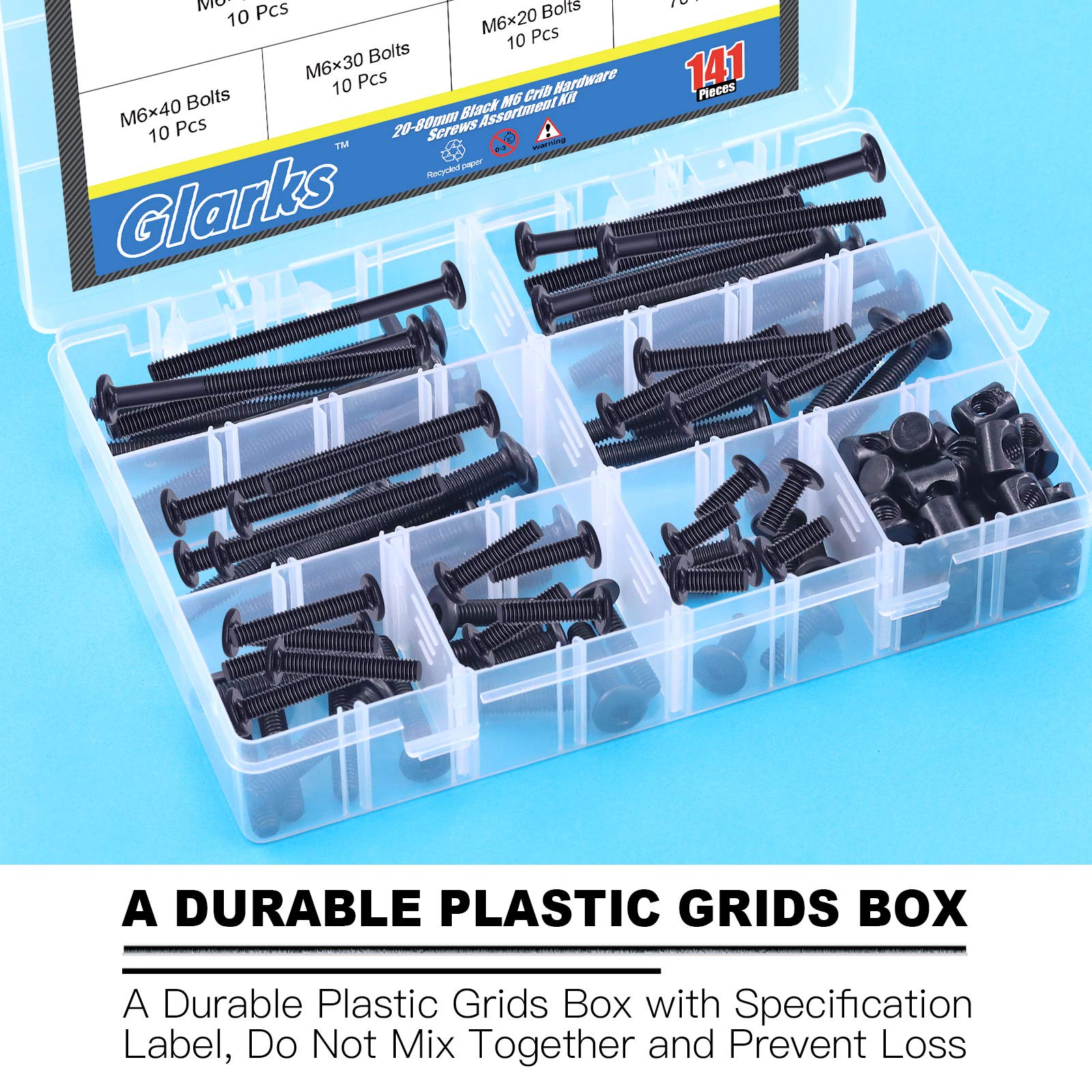 Glarks 141Pcs Baby Crib Screw Kit - M6x20-80mm Black Hex Bolts & Nuts with Allen Wrench for Furniture Repair