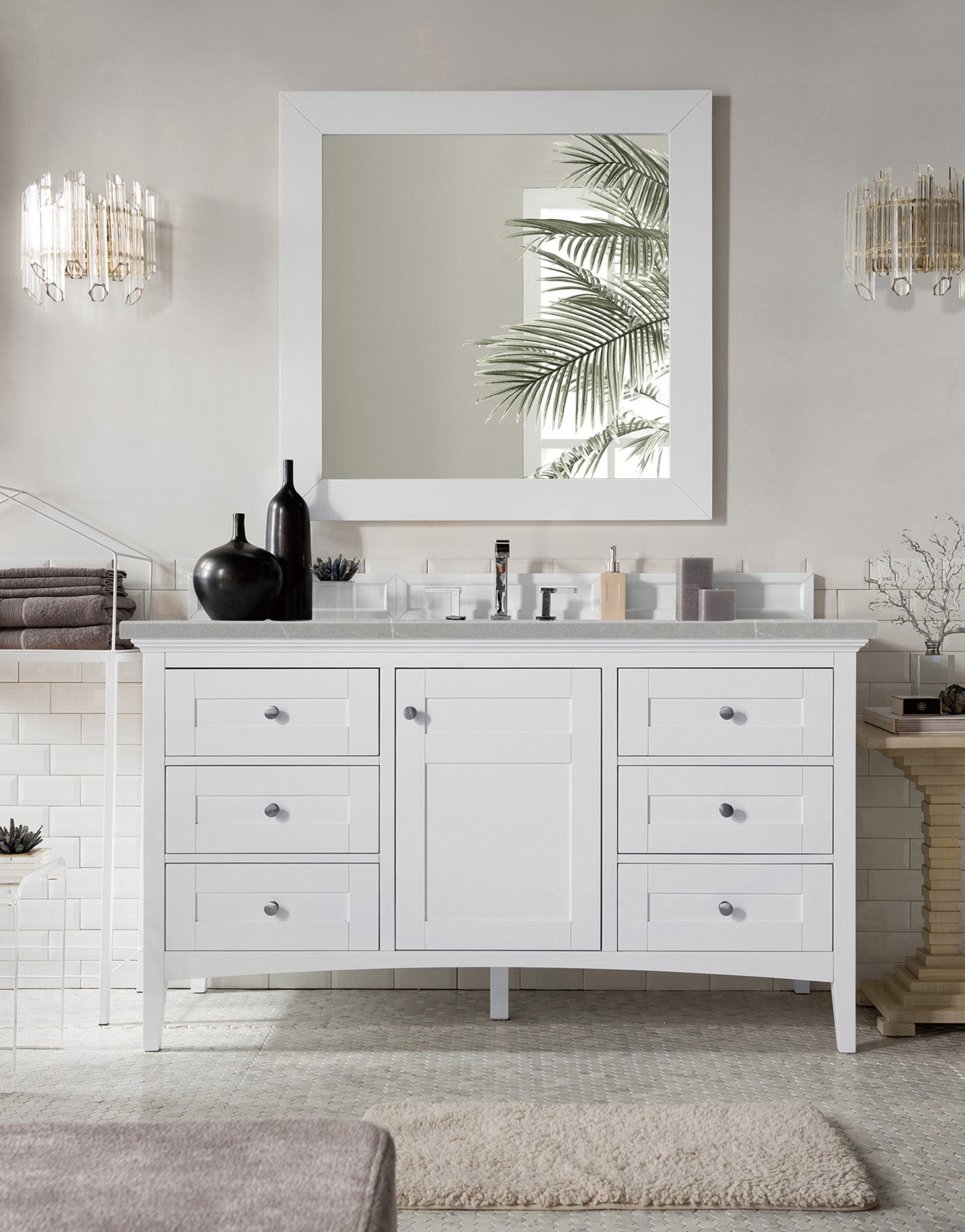 Palisades 60 Inch Single Bathroom Vanity Set with 3CM Eternal Serena Quartz Countertop in Bright White - Perfect for Modern Master Bathrooms and Powder Rooms