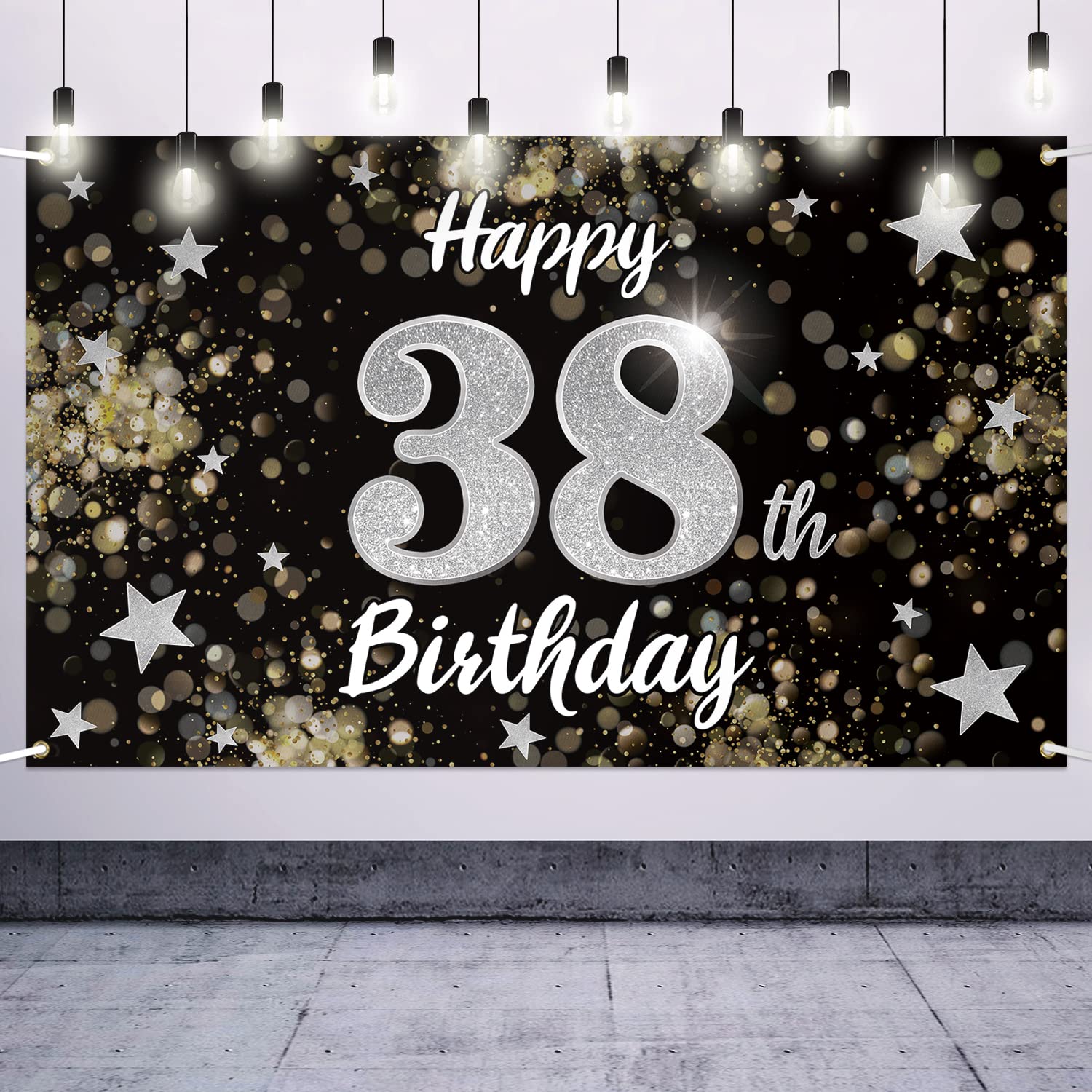 38th Birthday Decorations - Black & Silver Dream Star Large Backdrop Banner for 38 Year Old Birthday Party | Cheers to 38 Years Sign | Perfect for Milestone Celebrations, Photo Booths & Home Decor
