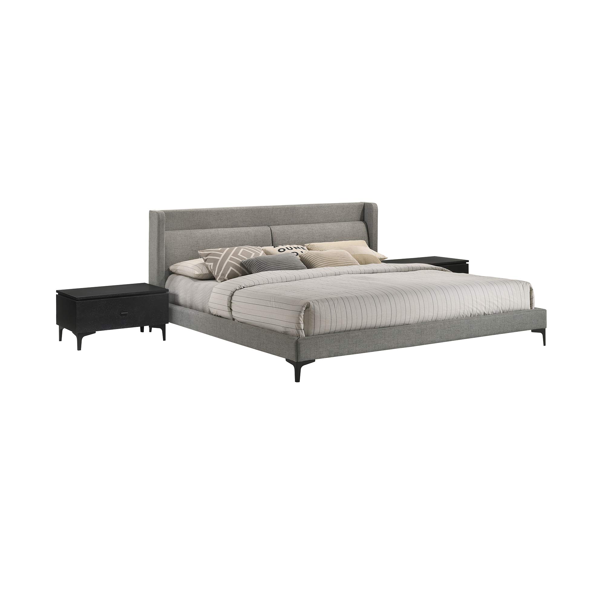 Armen Living Legend 3-Piece King Size Bedroom Set with Platform Bed and Nightstands - Gray & Black Fabric Upholstery | Modern Master Bedroom Furniture for Home Decor