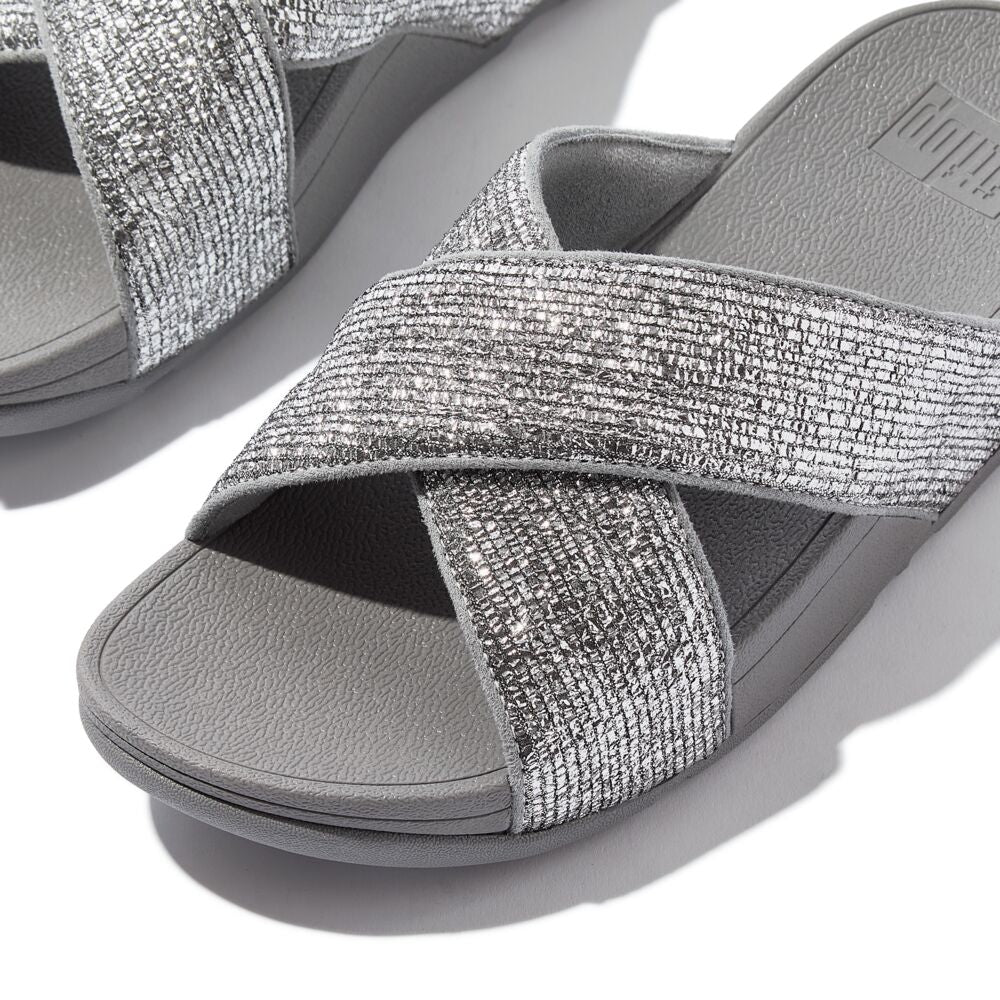 FitFlop Lulu Crinkled Shimmer Cross Slides Sandals for Women - Comfortable Metallic Silver Flip Flops | Perfect for Beach, Pool, and Summer Outfits