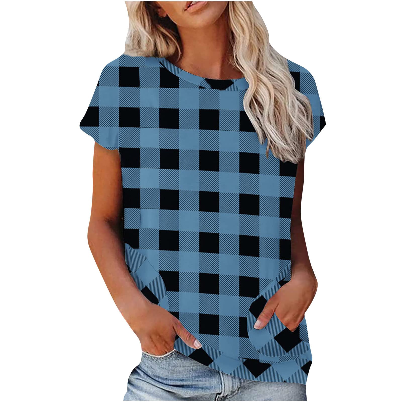 Women's Plaid Short Sleeve Tunic Tops - Crewneck Loose Fit Blouse with Pocket - Casual & Dressy Tee Shirts for Work, Date Night & Everyday Wear