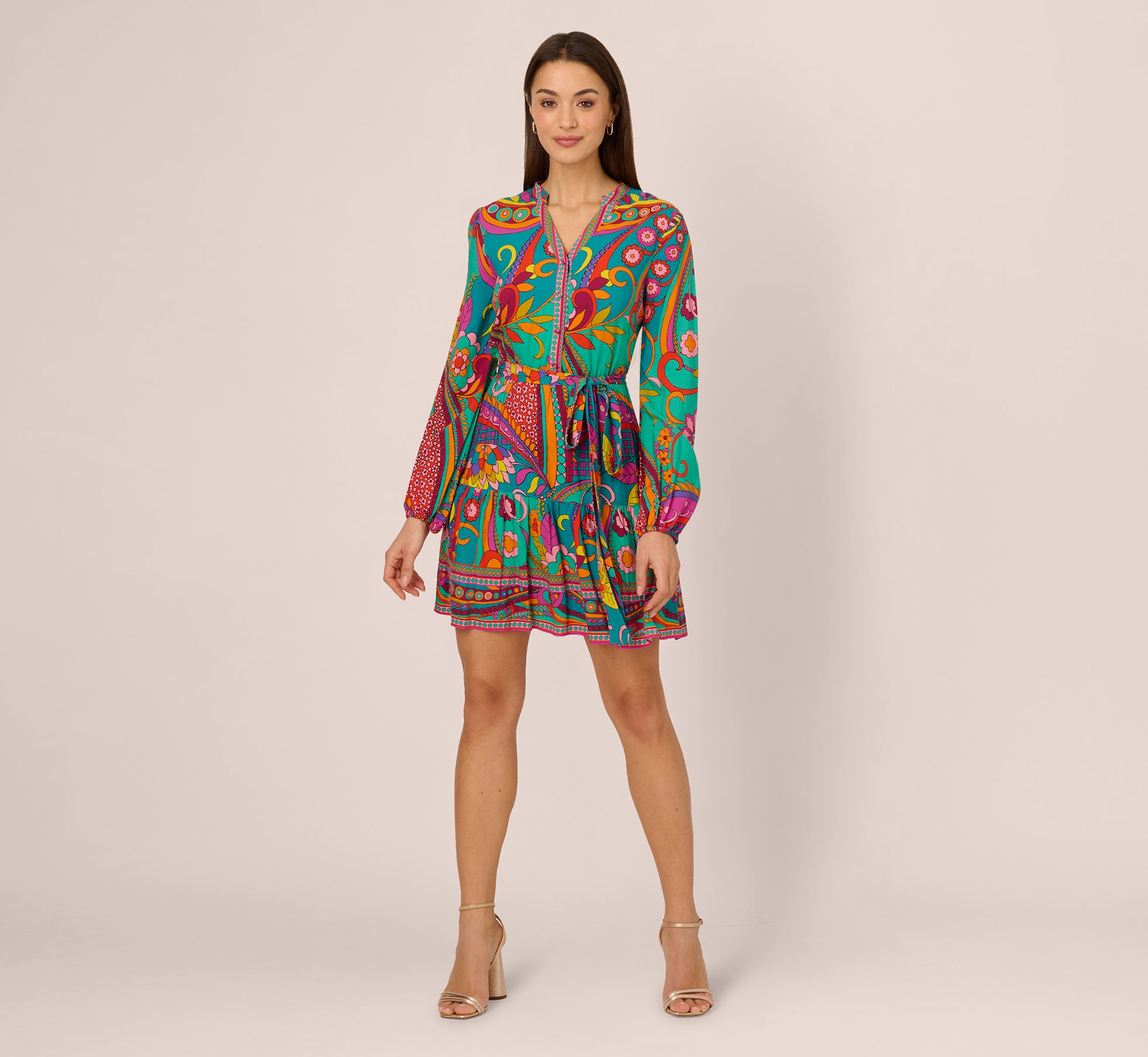 Vintage Floral Print Long Sleeve A-Line Dress in Teal - Women's Retro Tea Length Dress for Casual Wear, Office, Date Night & Fall Fashion
