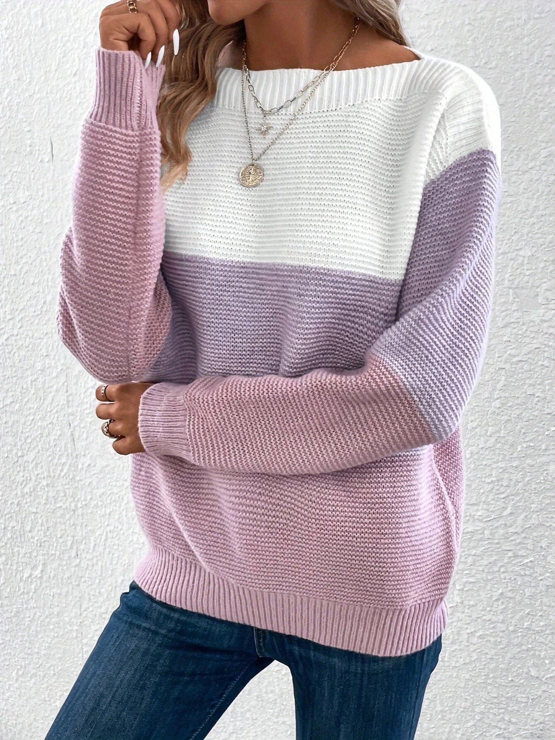 Stylish Color Block Boat Neck Sweater for Women | Trendy Knit Pullover | Perfect for Fall Layering & Casual Outfits