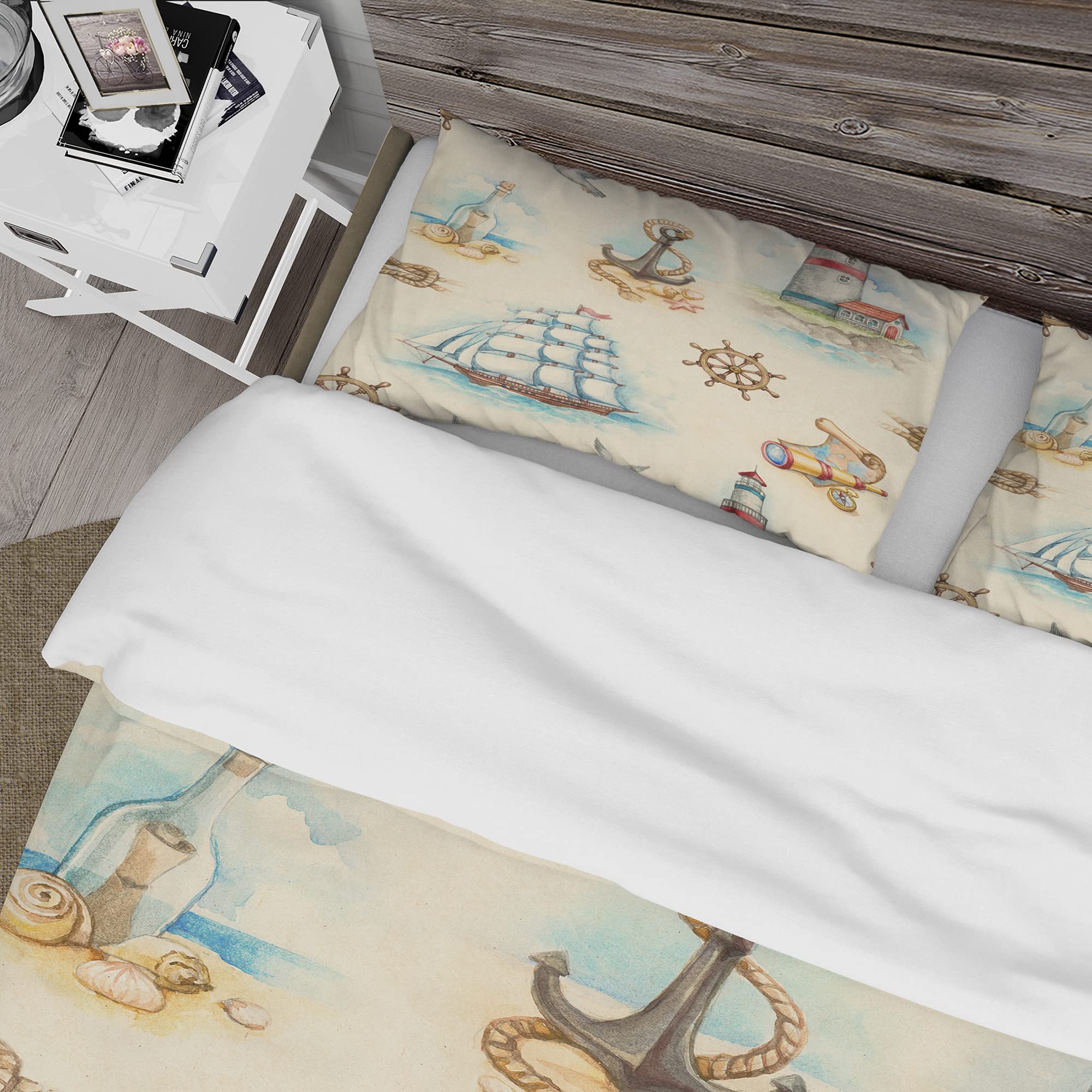 DesignQ Coastal Duvet Cover Set with Nautical Watch Tower, Binocular & Sailboat Print - Perfect for Beach House Bedroom Decor & Coastal Theme Home Styling