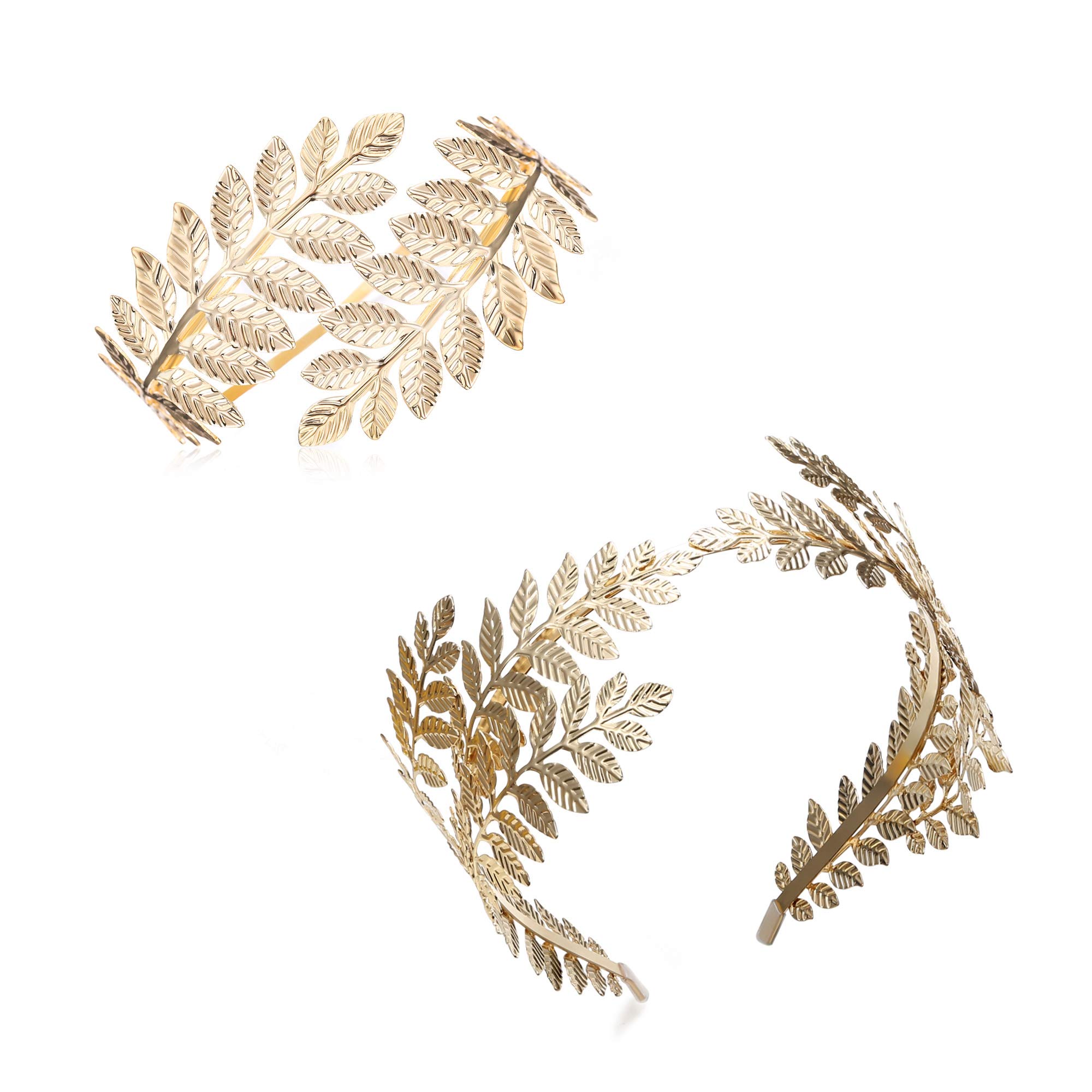 FINREZIO Greek Goddess Headband & Arm Cuff Jewelry Set - Roman Laurel Leaf Crown & Adjustable Armlet Bracelet for Bridal, Wedding, Cosplay & Festival Costume Accessories