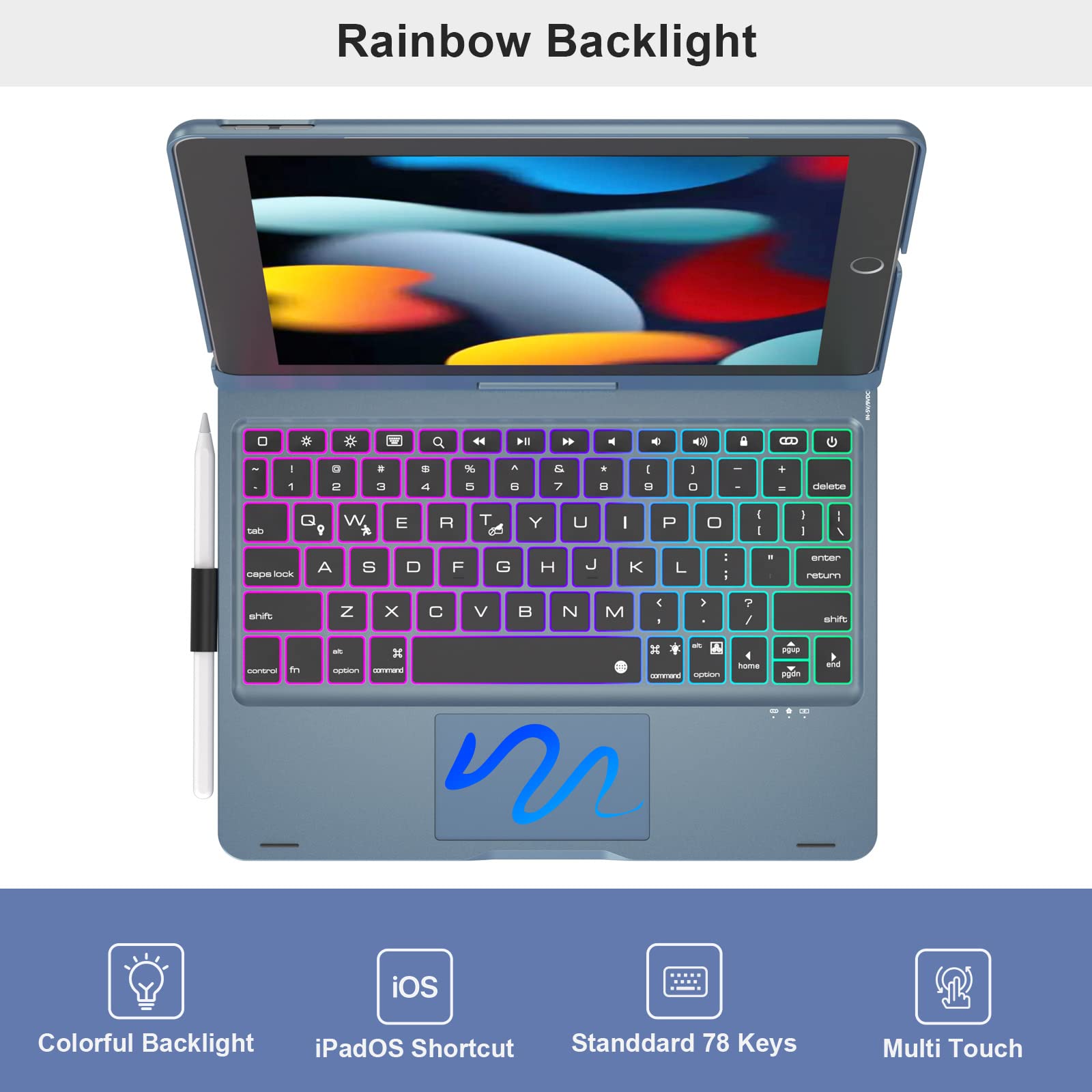 NOKBABO iPad 9th/8th/7th Generation Case with Bluetooth Keyboard, 360° Rotatable Stand, 7-Color Backlit Touchpad & Apple Pencil Holder - Compatible with iPad 10.2