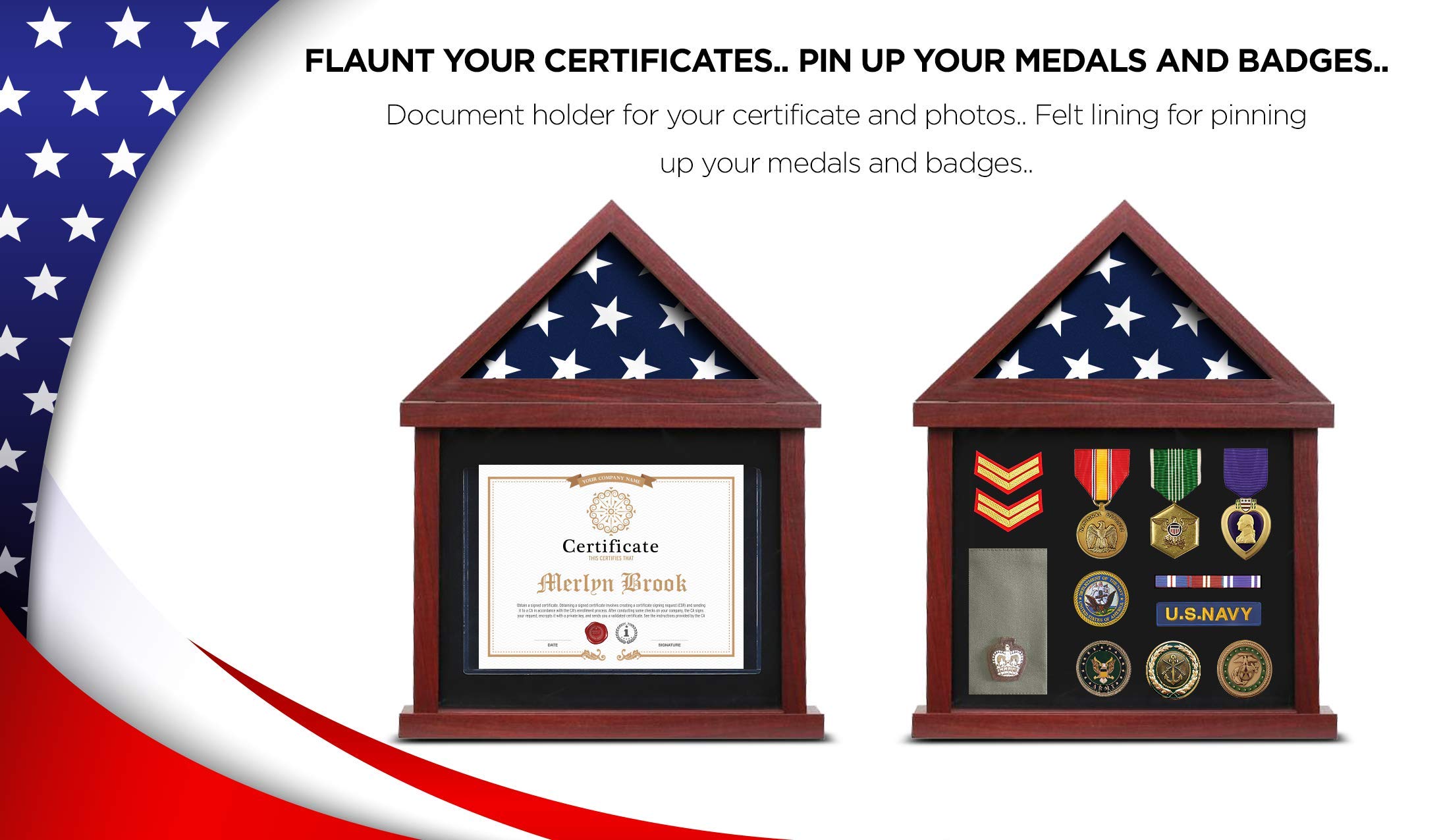 FlyBold Military Shadow Box Display Case - 3x5 ft American Flag with Certificate, 95% Flag Coverage, Mahogany Frame & Whiskey Decanter Set (28oz Globe with 2 Glasses & Funnel) - Perfect for Home Decor, Man Cave, Military Memorabilia Display & Whiskey Lover Gifts