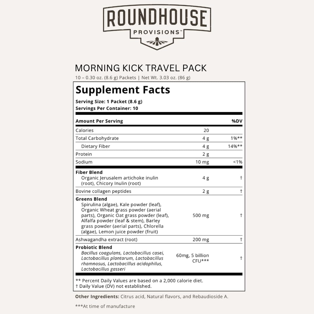 Morning Kick Travel Pack - Greens Superfood Powder with Ashwagandha, Collagen Peptides & Probiotics for Digestive Health & Energy Boost | 10 Servings Strawberry Lemonade Flavor | Perfect for Travel, Workouts & Daily Wellness Routine