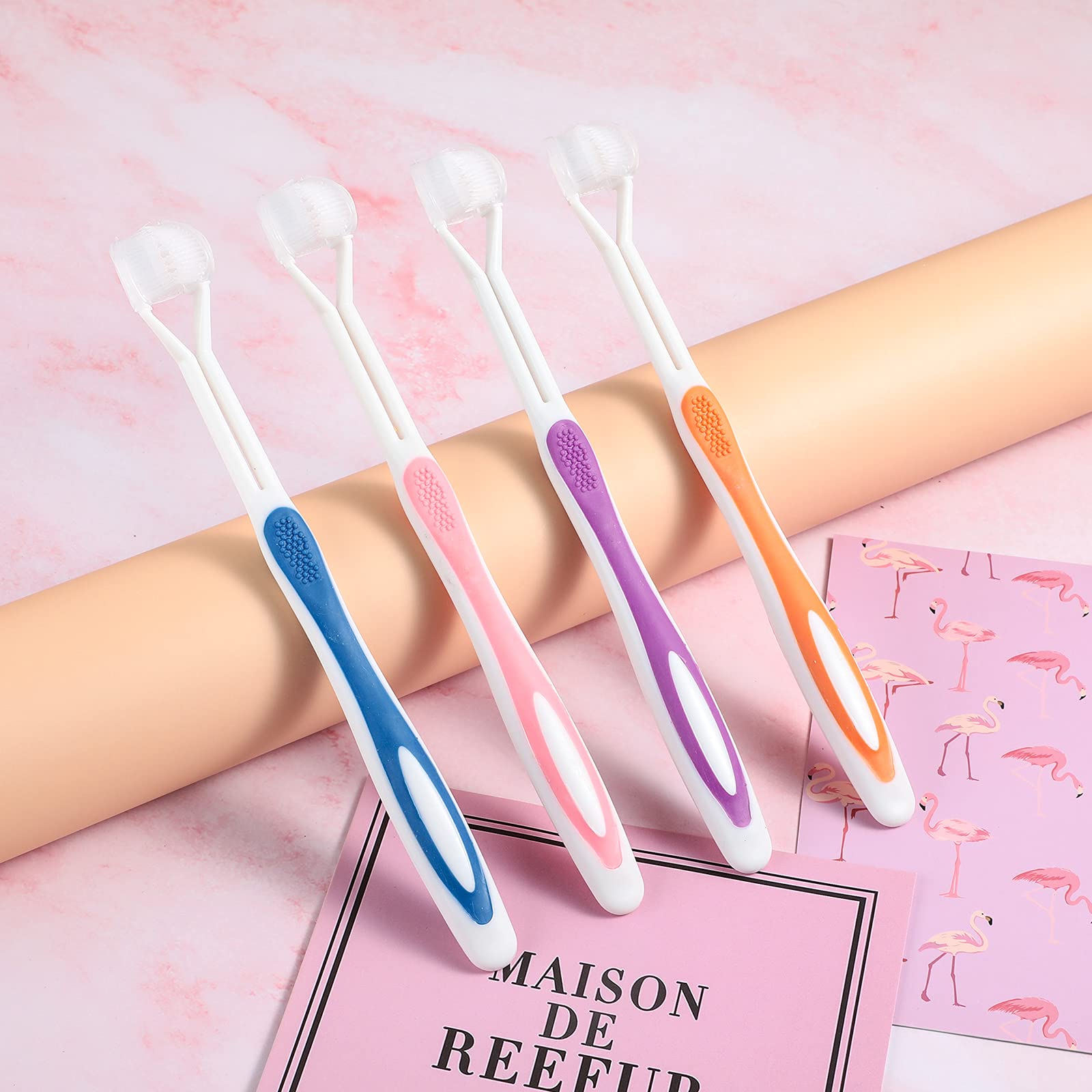 Boao 4-Pack 3-Sided Toothbrush for Kids - Autism Sensory Toothbrush with Soft Bristles for Gentle Teeth & Gum Care - Travel-Friendly Design (Pink, Blue, Orange, Purple) - Perfect for Daily Oral Hygiene & Special Needs Children