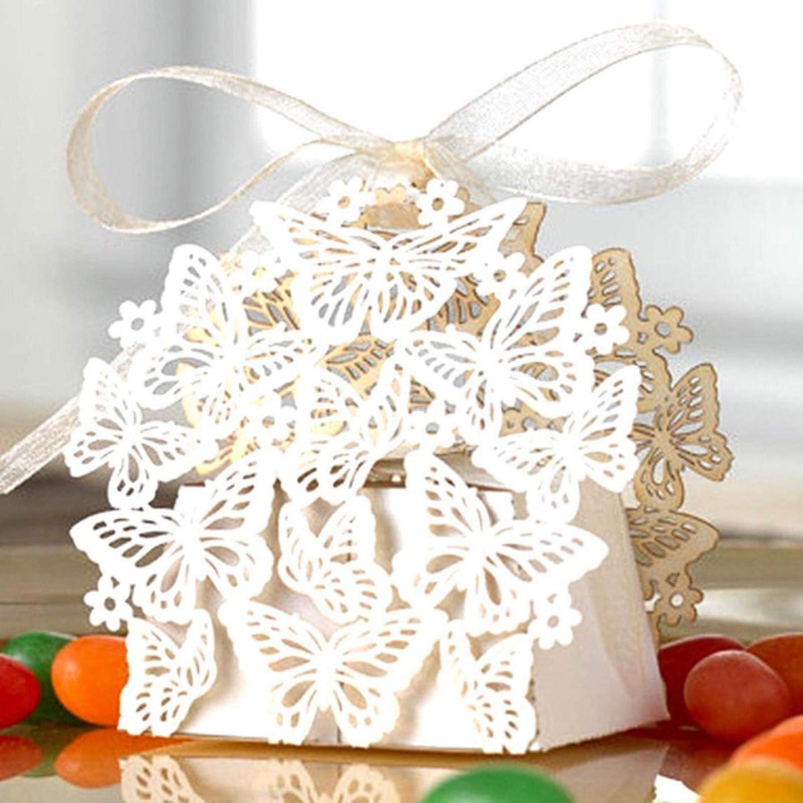50pcs Butterfly Laser Cut Hollow Carriage Favor Candy Boxes with Ribbon - Custom Baby Shower, Wedding, Birthday Party Favors & Decorations - Perfect for Bridal Showers, Anniversary Celebrations and Special Events