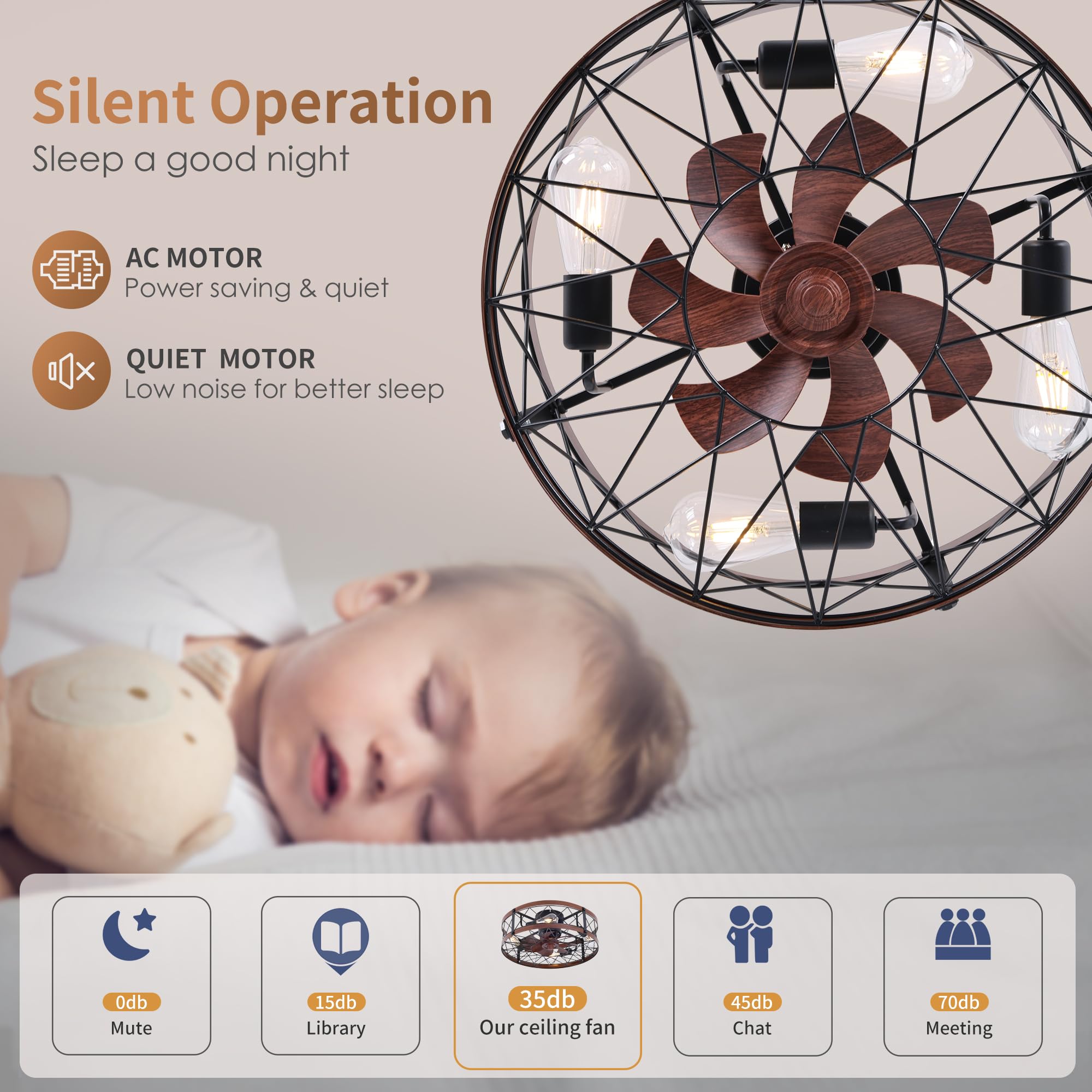 REDSTAR Retro Small Ceiling Fan with Light & Remote Control - Flush Mount Low Profile Caged Ceiling Fan for Bedroom, Living Room, Kitchen - Energy Efficient & Quiet Operation (Black)