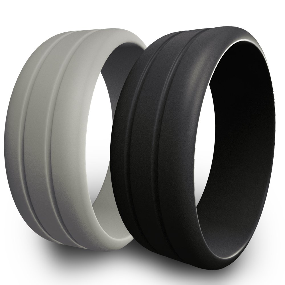 2-Pack Silicone Wedding Rings for Active Men - Black & Grey Double Debossed Comfort Fit Bands - Perfect for Gym, Swimming & Outdoor Activities