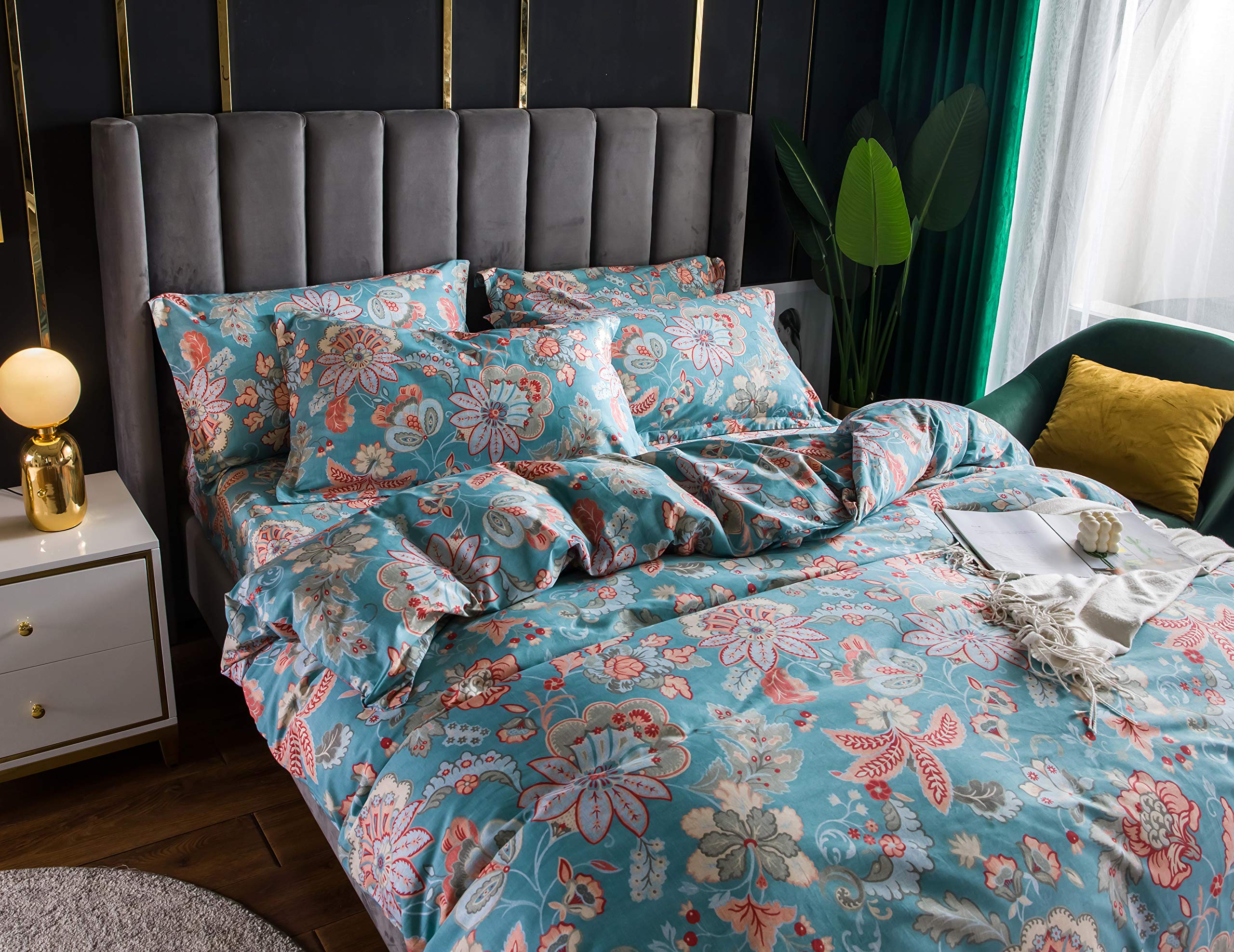 FADFAY 100% Cotton Twin XL Duvet Cover Set - Soft Shabby Floral Farmhouse Bedding, Reversible Teal Comforter Cover with Hidden Zipper, 3-Piece Set (1 Duvet Cover + 2 Pillowcases) | Perfect for Farmhouse, Cottage, or Vintage Style Bedrooms