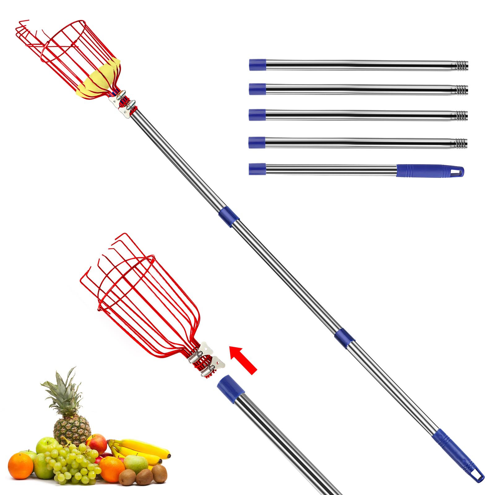 7 Feet Extendable Fruit Picker Pole with Metal Basket - 35-86 Inch Stainless Steel Harvesting Tool with Foam-Padded Clamp - Lightweight Fruit Picker for Apples, Mangoes, Pears, Lemons & Avocados - Perfect for Home Orchards, Backyard Harvesting & Tall Tree Fruit Picking