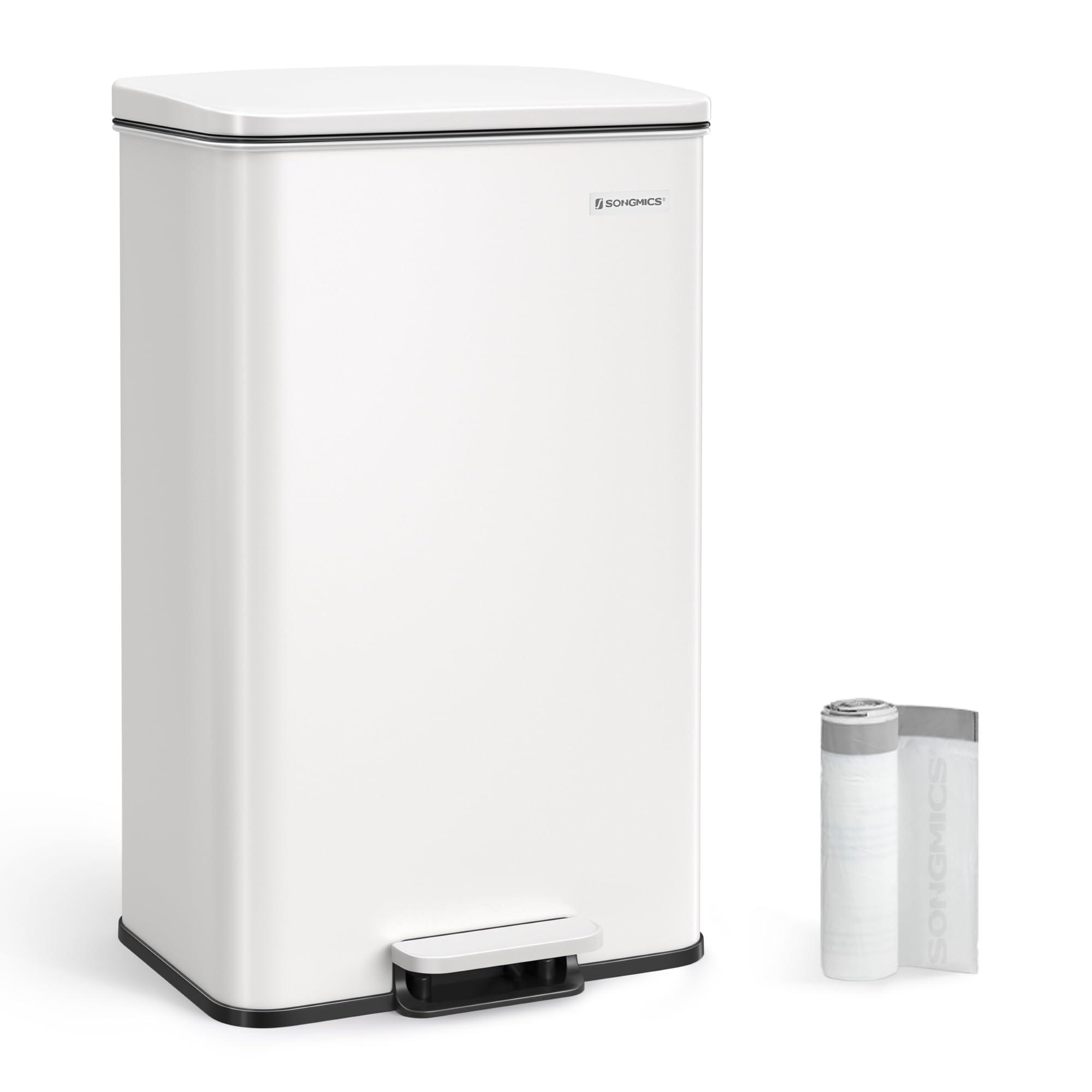 SONGMICS 10.5 Gallon Stainless Steel Step Trash Can with Lid - 40L Large Kitchen Garbage Bin, Soft Close Design, Includes 15 Trash Bags (White) - Perfect for Home, Office, and Restaurant Use