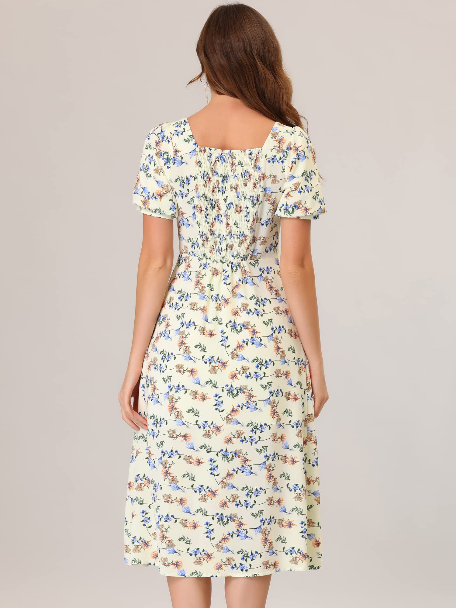 Allegra K Women's Floral Summer Dress - Square Neck, Puff Sleeve, Midi Length with Side Slit | Perfect for Beach Vacations, Garden Parties & Date Nights