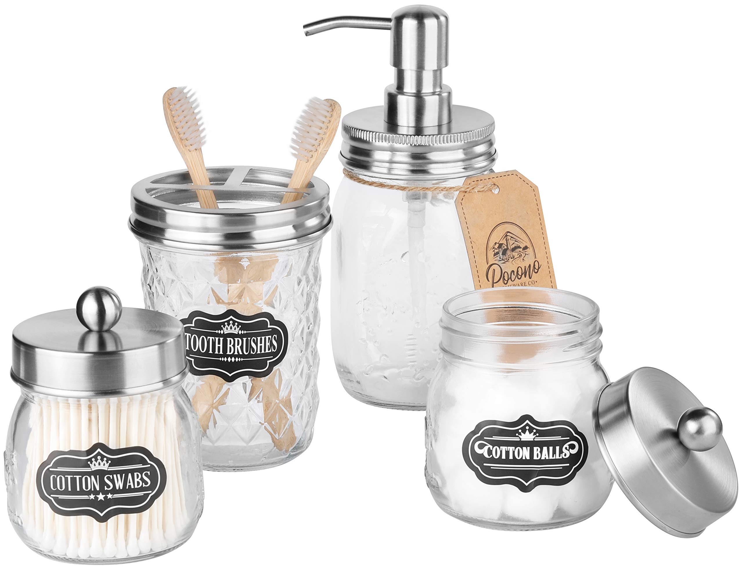 Premium Mason Jar Bathroom Accessories Set - Soap Dispenser, 2 Apothecary Jars (Qtip Holder), Toothbrush Holder - Rustic Farmhouse Decor Vanity Organizer in Brushed Nickel - Perfect for Bathroom, Kitchen, and Farmhouse Style Home Decor