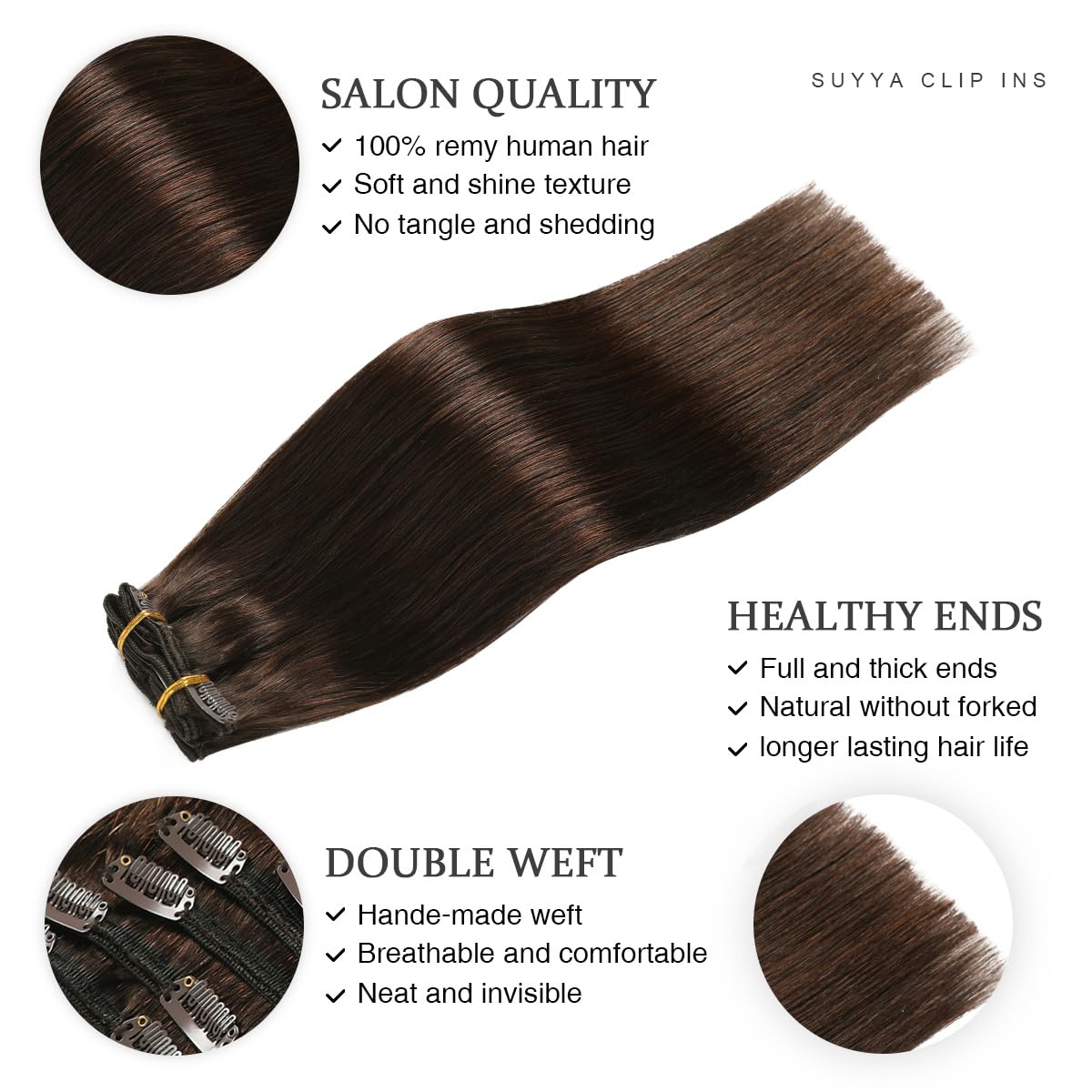 SUYYA Clip in Hair Extensions 7pcs 120g - 100% Real Human Hair, Straight Double Weft, 22 Inches #2 Darkest Brown - Perfect for Volume, Length & Styling for Parties, Weddings & Daily Wear
