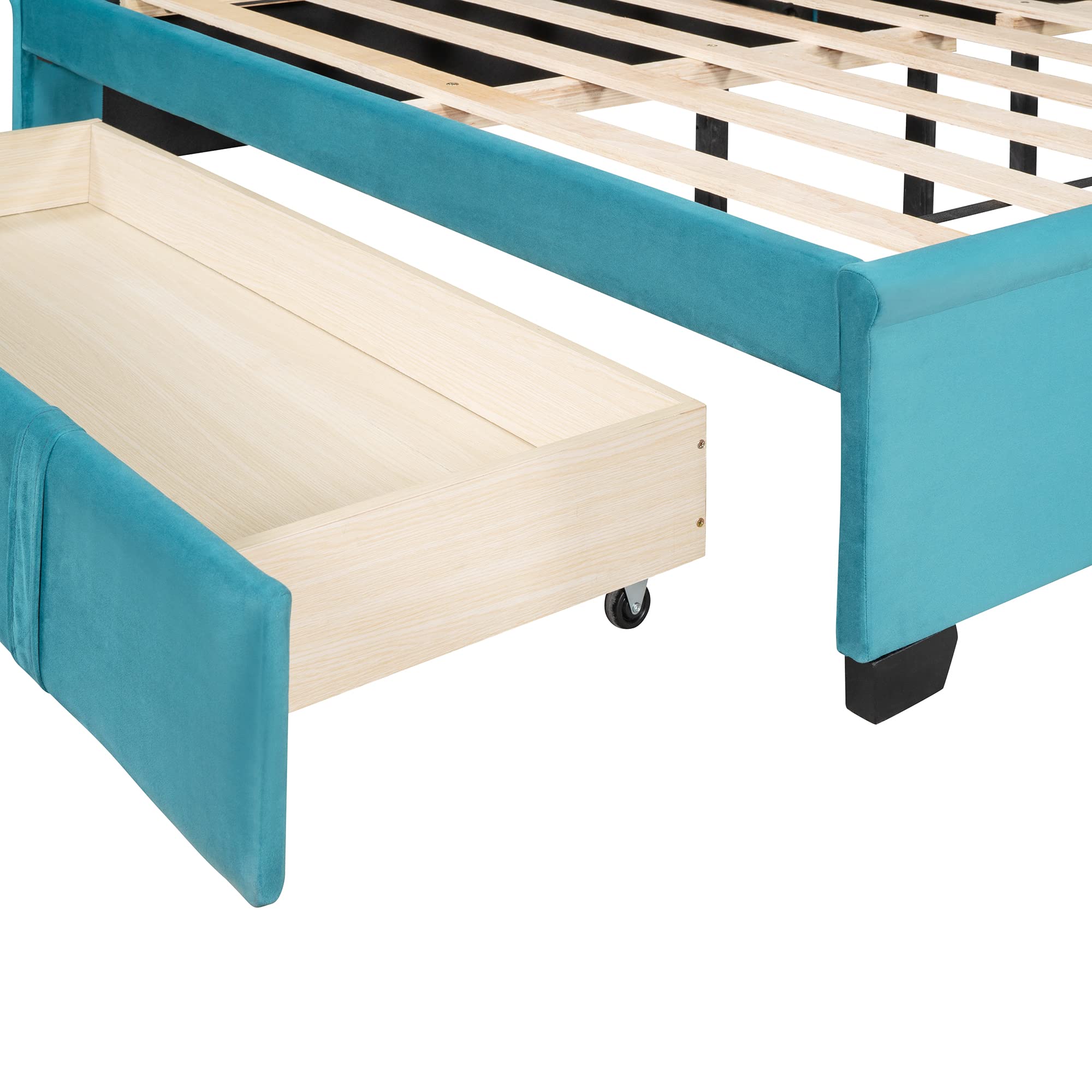 Harper & Bright Designs Queen Size Velvet Upholstered Storage Bed Frame with Wingback Headboard & Large Drawer - Luxurious Blue Velvet Platform Bed for Master Bedroom Decor