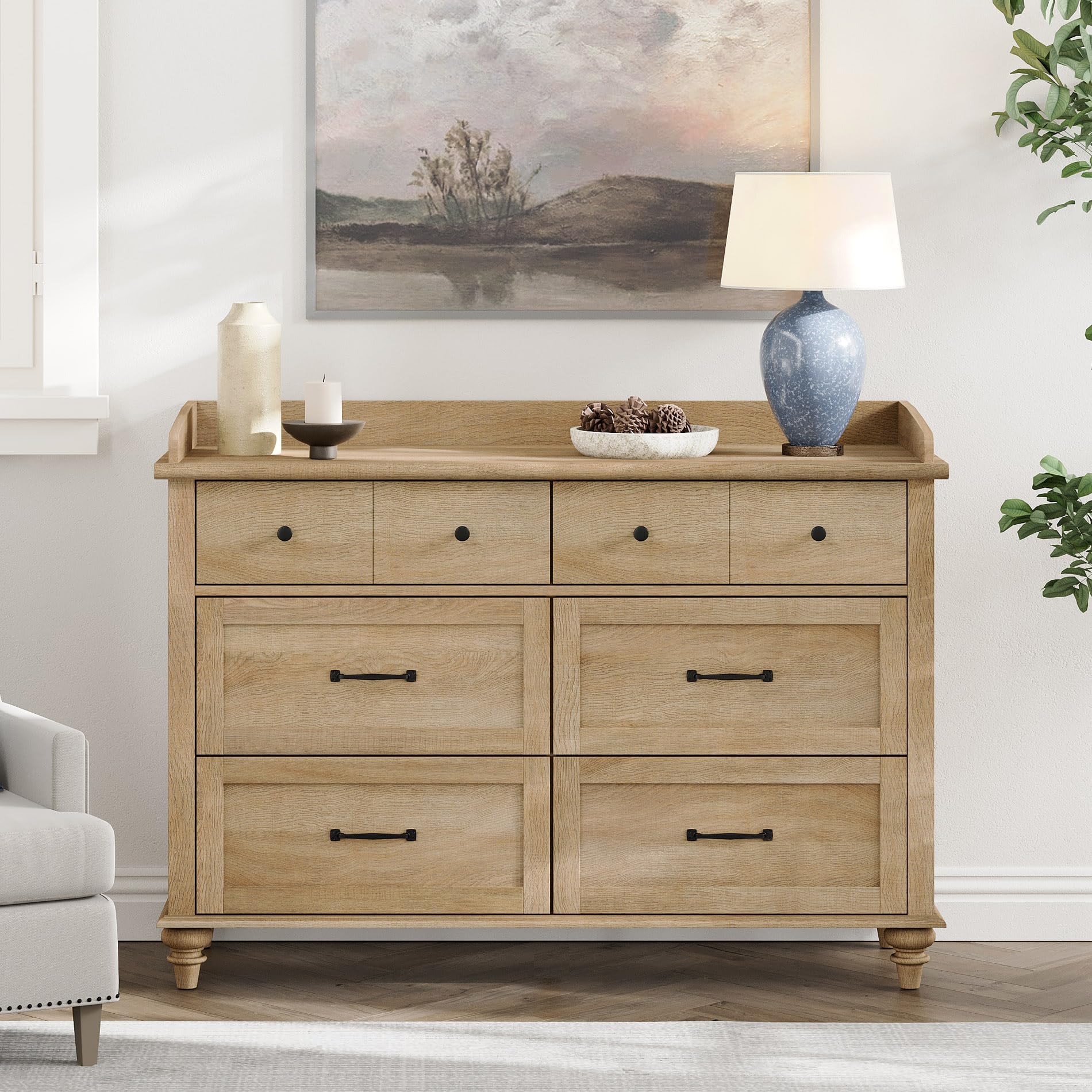 WAMPAT 6-Drawer Mid Century Modern Dresser for Bedroom - Rustic Oak Wooden Chest Storage Organizer for Kids, Nursery, Living Room & Hallway | Perfect for Clothes, Toys & Home Organization
