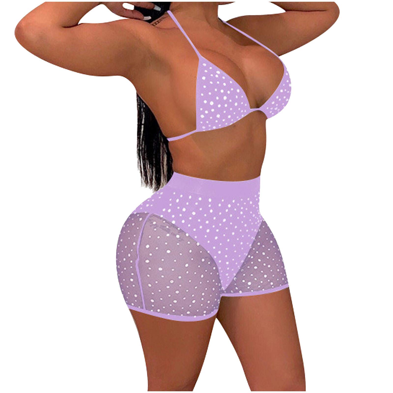 Push Up Mesh Bikini Set with Sequins & Padded Shorts - Women's Sexy Swimwear for Beach, Pool & Summer Vacations
