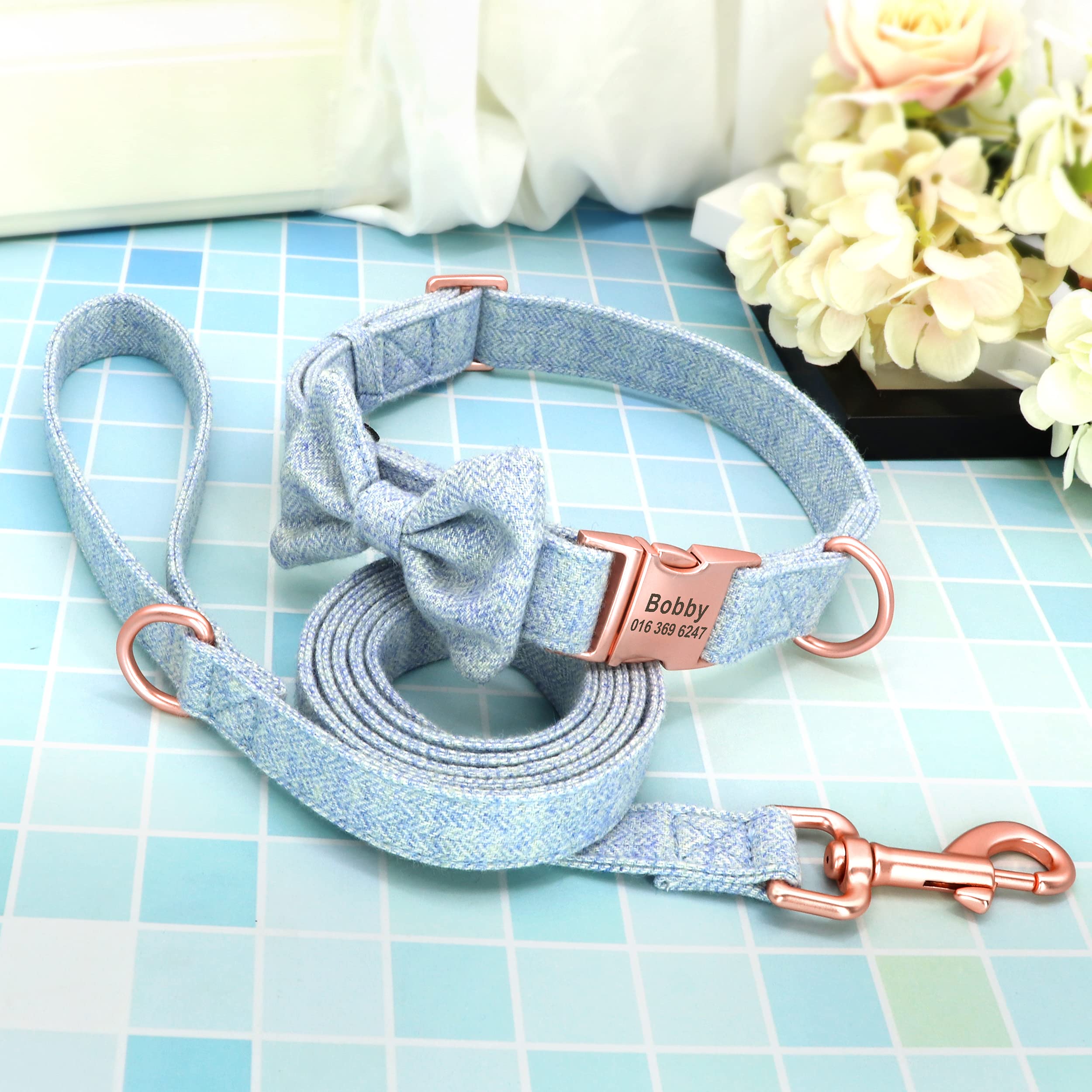 Personalized Dog Collar with Detachable Bowtie - Soft & Comfortable Pet Collar and Leash Set with Rose Gold Buckle - Adjustable for Small Medium Large Dogs - Perfect for Daily Walks, Grooming & Special Occasions (Blue)