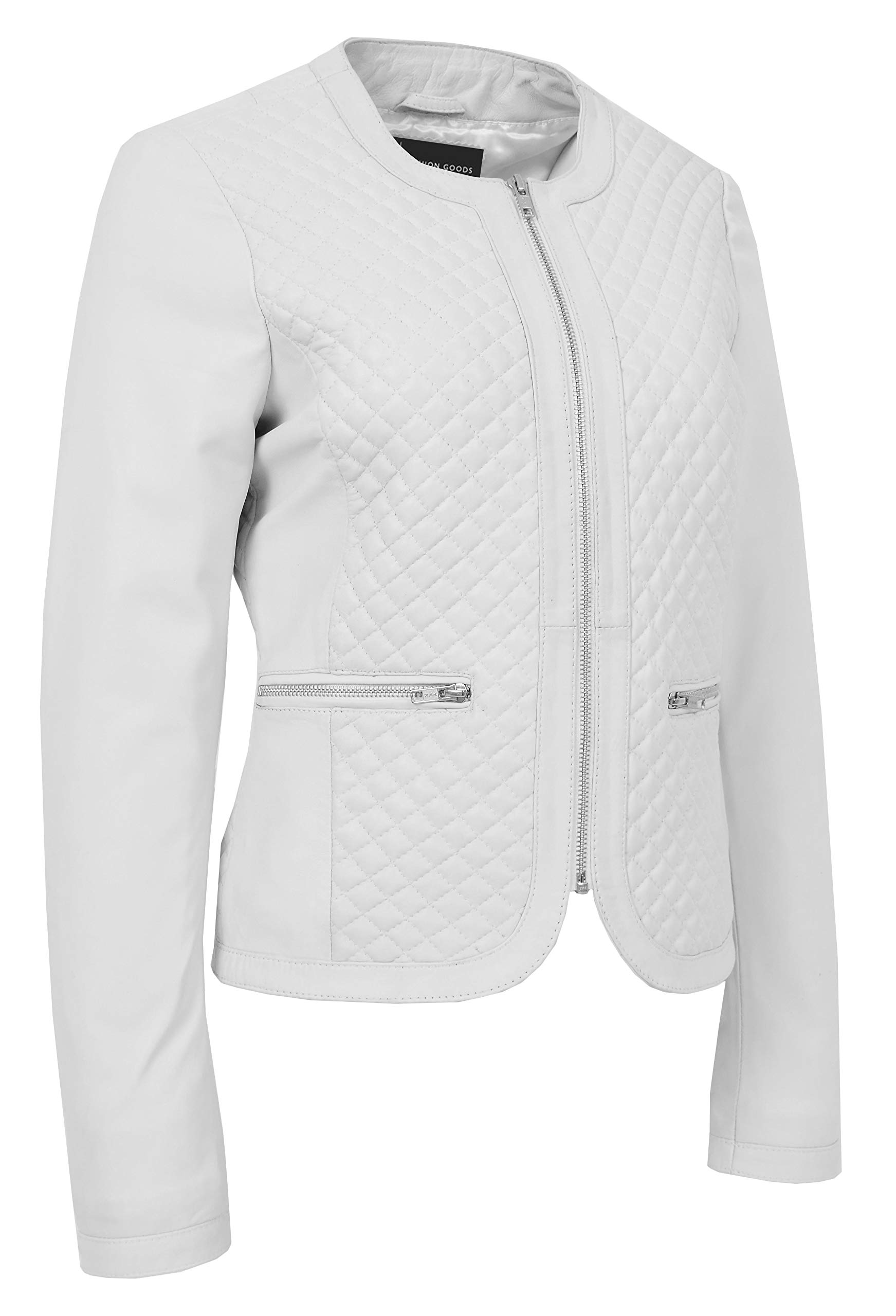 Women's Collarless Soft White Leather Biker Jacket - Fitted Quilted Stitch Design for Motorcycle Riding & Casual Outfits | Remi Collection