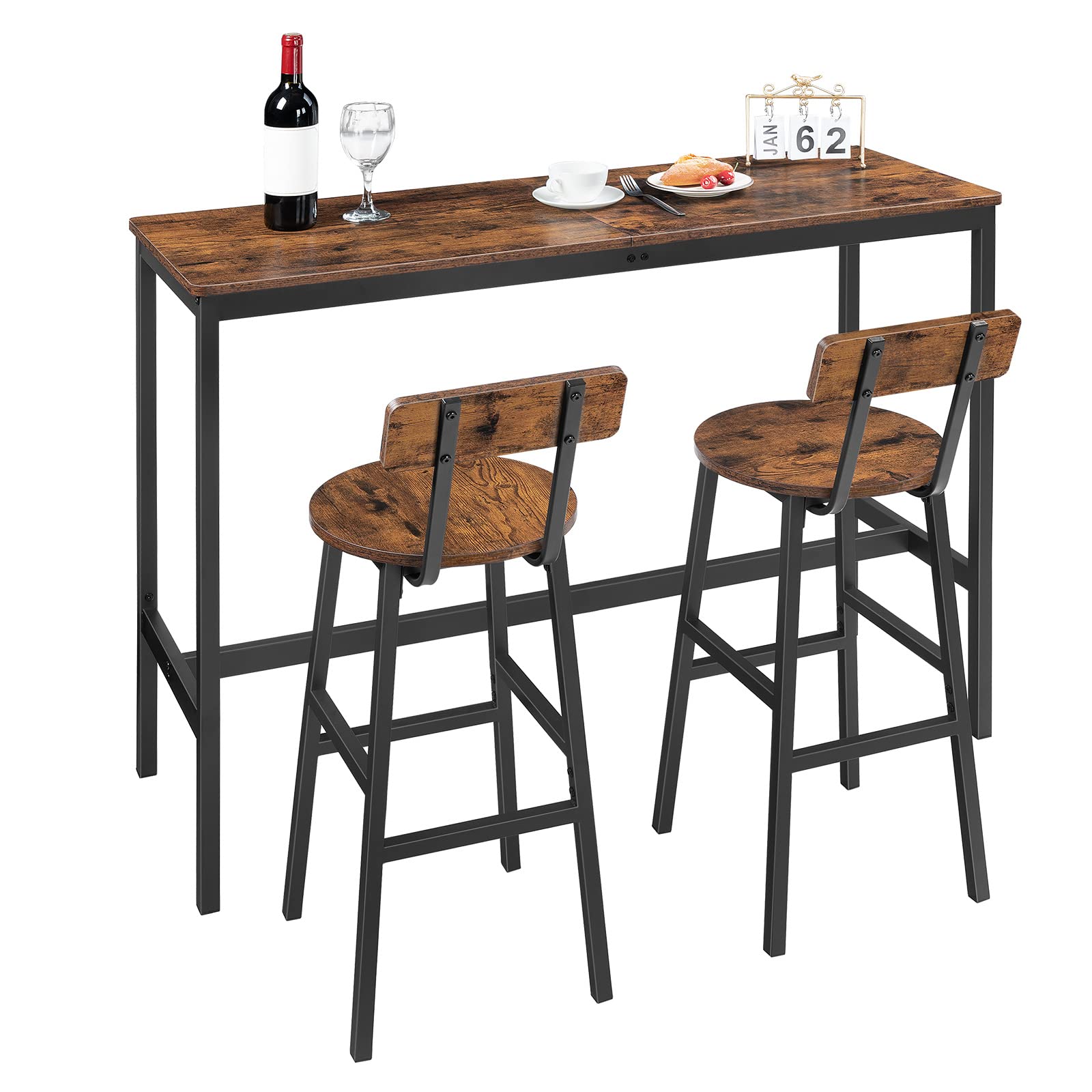 Set of 2 Rustic Brown Bar Stools with Back & Footrest - 24.4 Inch Round Counter Height Stools for Kitchen, Dining Room, Bar - Perfect for Breakfast Nooks, Home Bars & Kitchen Islands