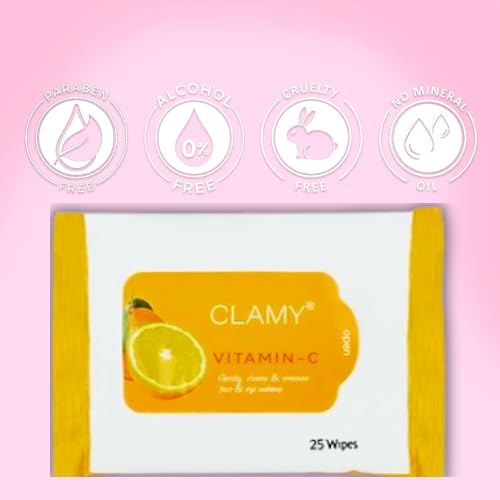 Clamy Vitamin C Makeup Remover Wipes - Gentle Cleansing for Waterproof Mascara, Longwear Makeup & Impurities | 25 Count | Perfect for Travel, Gym & Quick Makeup Removal