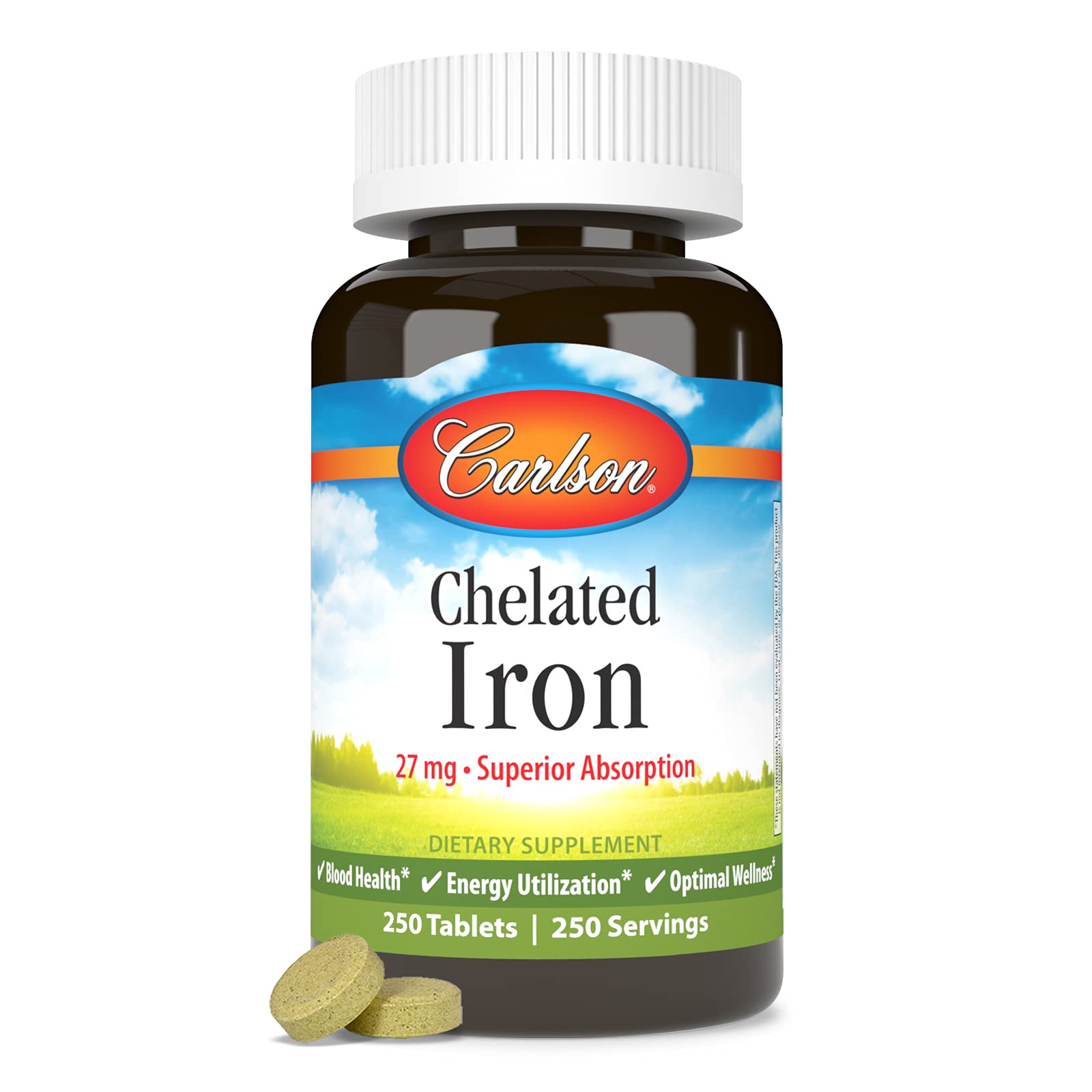 Carlson Labs Chelated Iron 27mg Supplement - 250 Easy-to-Swallow Tablets for Iron Deficiency & Energy Support - Daily Immune & Blood Health Booster for Men & Women