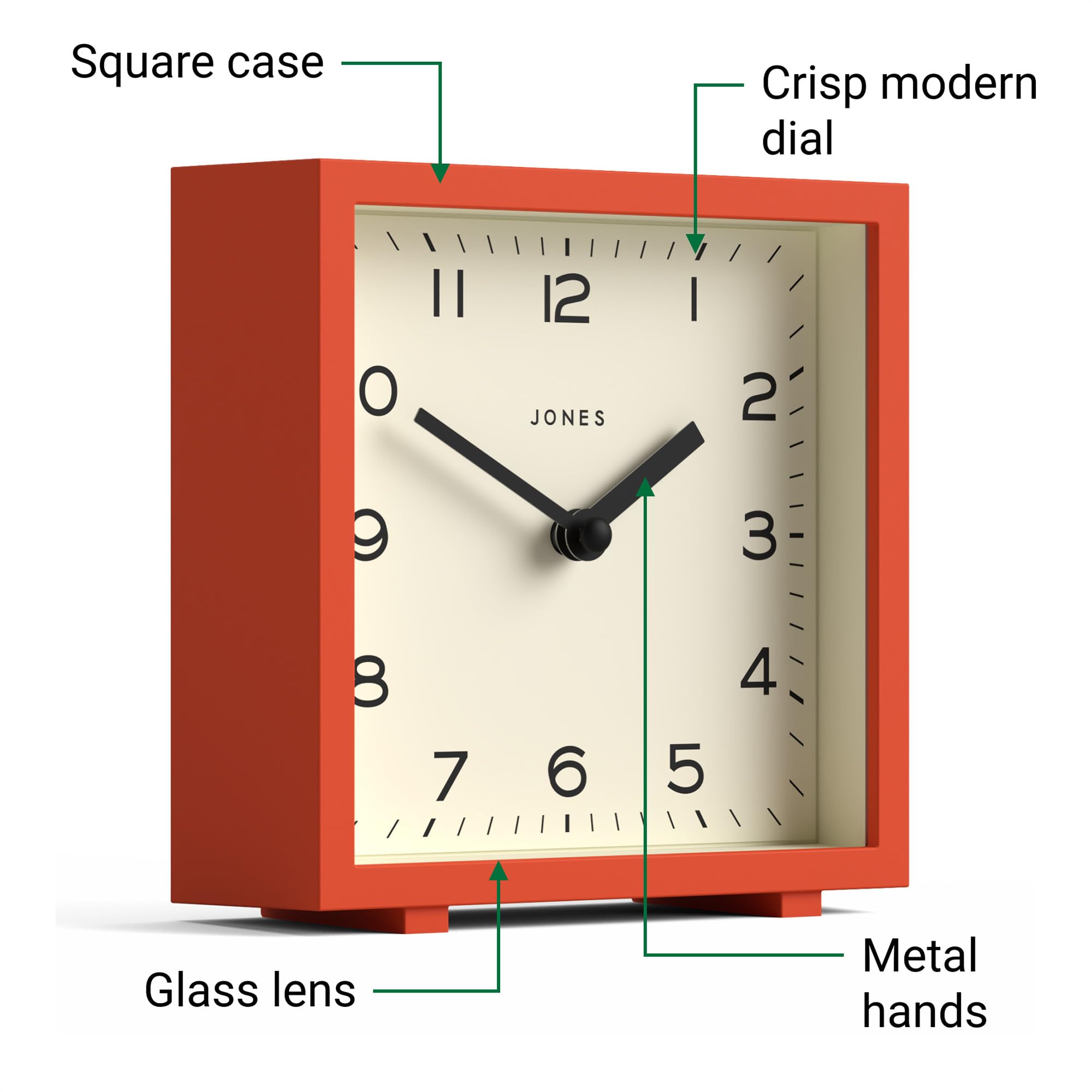 JONES CLOCKS® 'Disco' Desk Clock - Modern Square Orange Alarm Clock with Clear Numbers, Perfect for Office Desk, Bedroom Nightstand, Living Room Shelf & Home Decor