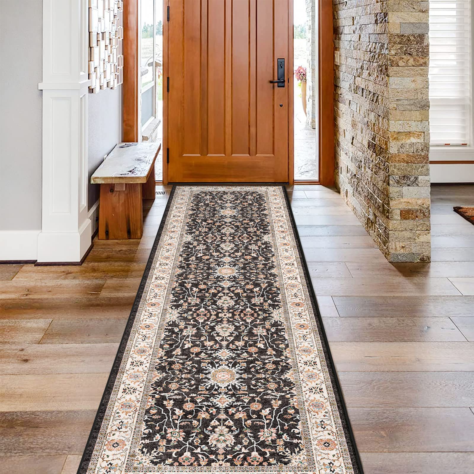 Non-Slip Washable Runner Rug 2x7 – Waterproof Hallway Carpet for Kitchen, Living Room, Bedroom & Bathroom | Durable & Easy-Clean Floor Mat for High-Traffic Areas (Black, 2'x7')