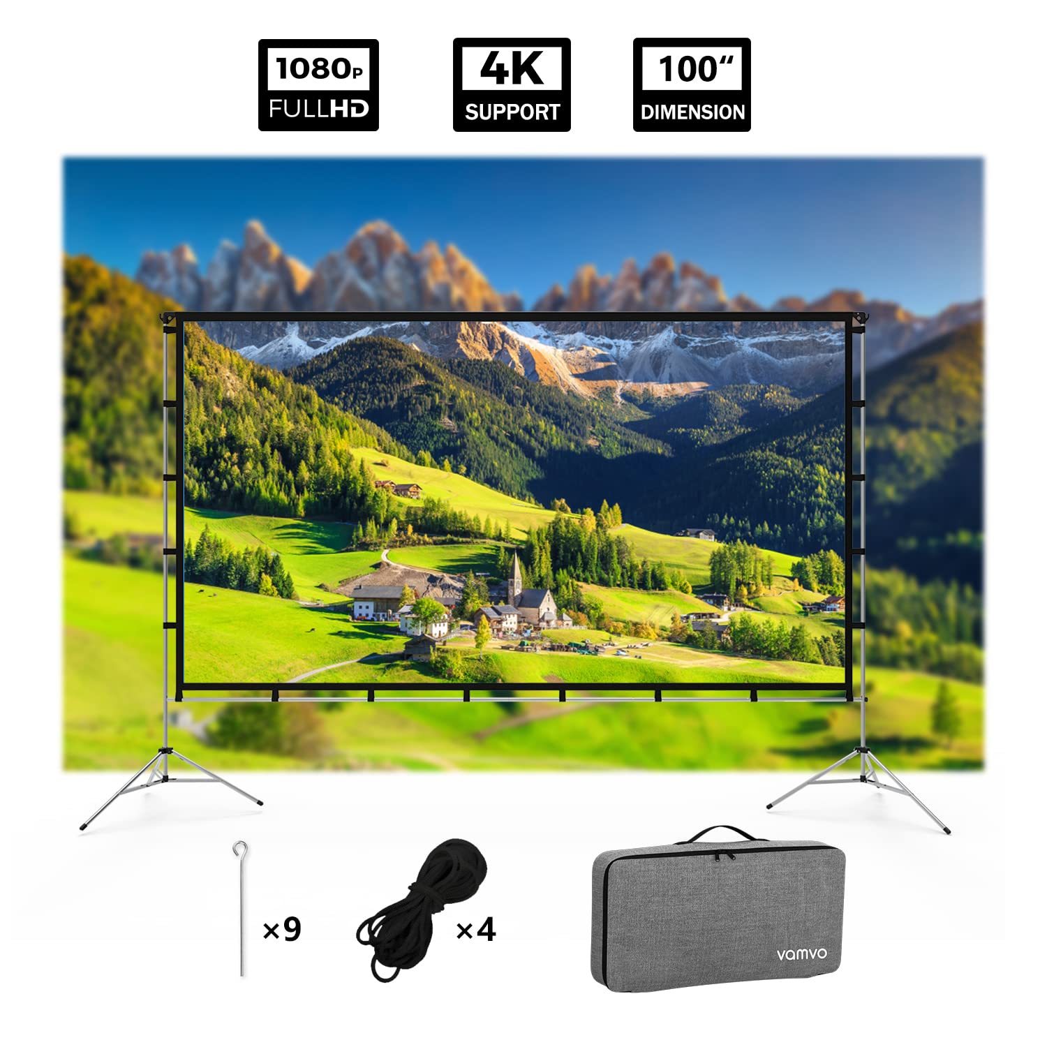Vamvo 100 Inch Portable Projector Screen with Stand - Indoor Outdoor Movie Screen 16:9 HD 4K Ready - Includes Carry Bag & Aluminum Stand for Home Theater, Backyard, Camping and Outdoor Movie Nights