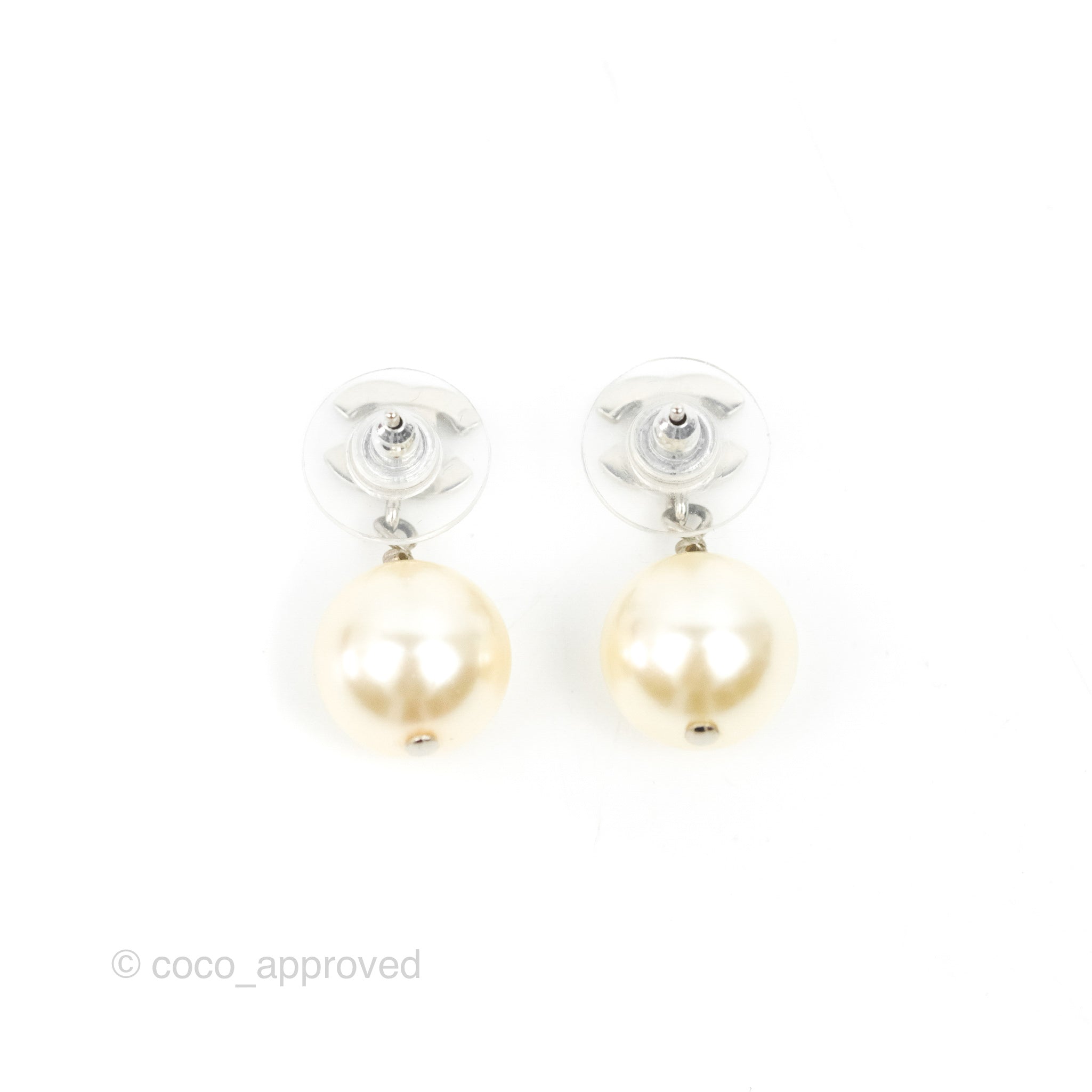Chanel CC Rhinestone Pearl Drop Earrings - Silver Tone Luxury Dangle Earrings for Women | Perfect for Parties, Weddings & Special Occasions