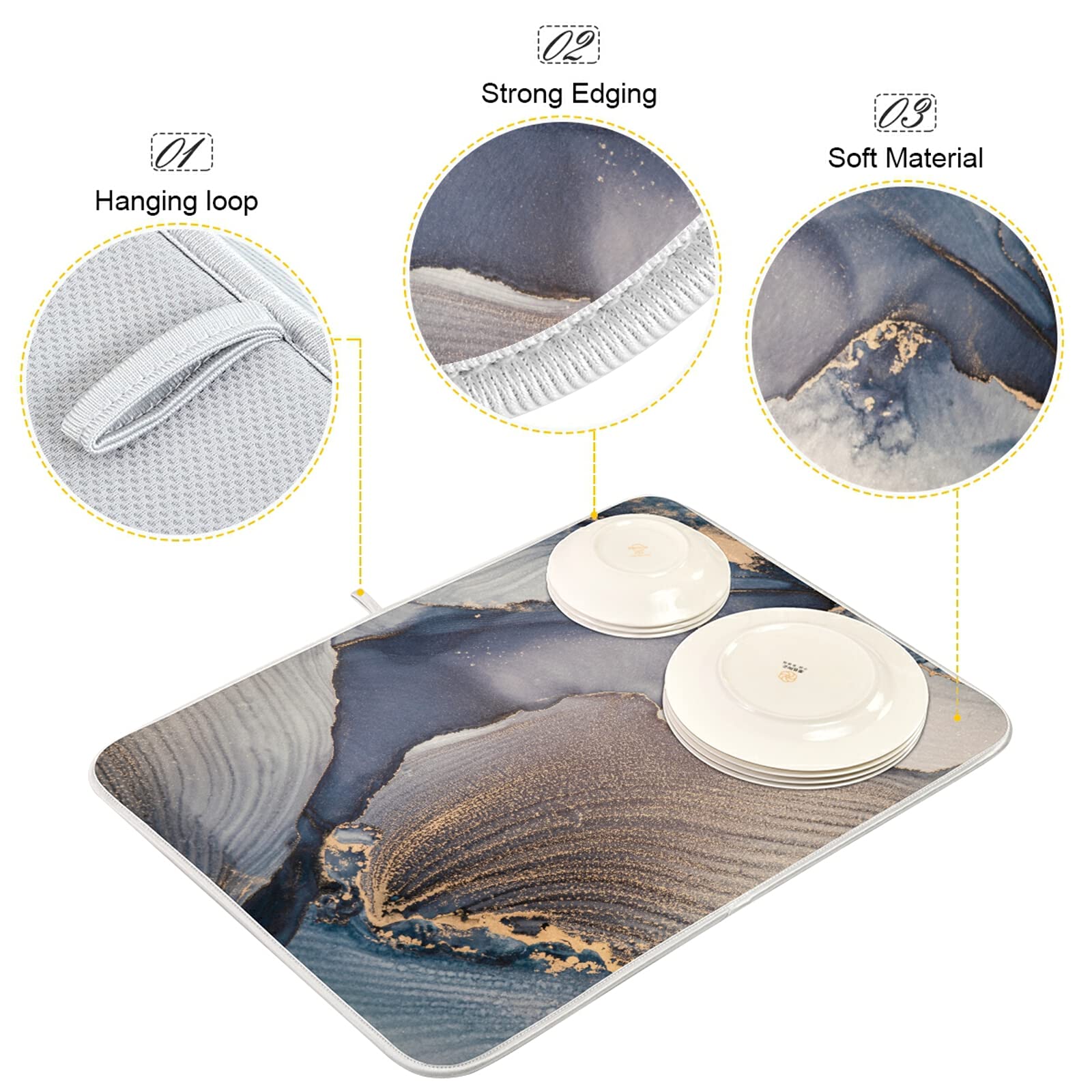 Absorbent Dish Drying Mat 16x18 Inch - Marble Counter Mat for Kitchen Dishes & Utensils