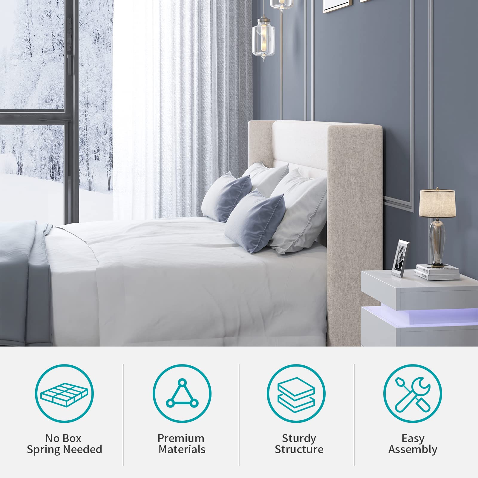 BALUS King Size Bed Frame - Mid-Century Modern Platform Bed with Headboard, No Box Spring Needed, Easy Assembly, Squeak Resistant - Beige | Perfect for Master Bedrooms, Guest Rooms & Modern Apartments
