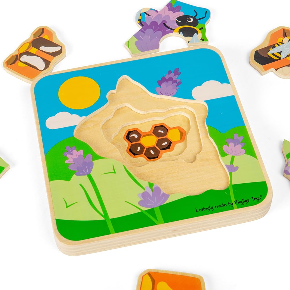 Bigjigs Toys Bee Lifecycle Puzzle - Educational Wooden Jigsaw Puzzle for Toddlers Ages 2-4 | 4-Piece Chunky Kids Puzzle | STEM Learning Toy for Preschoolers | Perfect for Classroom, Homeschool & Montessori Activities