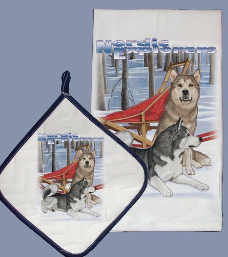 Alaskan Malamute Kitchen Towel and Pot Holder Set - Absorbent Dish Cloths & Heat Resistant Oven Mitts for Cooking, Baking & Home Decor (Dog Lover Gift)