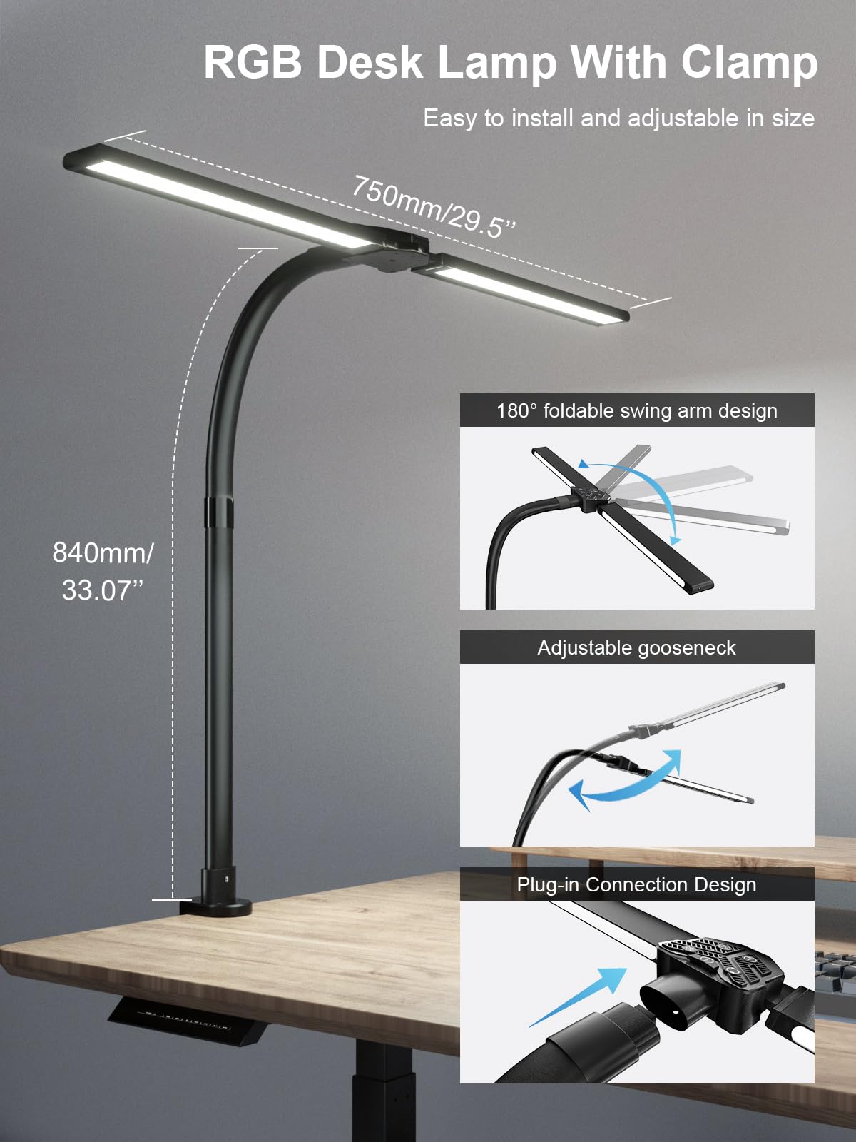 Double Swing Arm LED Desk Lamp with Clamp - 24W Ultra Bright Auto Dimming Table Light with RGB Mood Lighting, Multi-Angle Adjustable Touch Control for Home Office, Study, Gaming & Reading