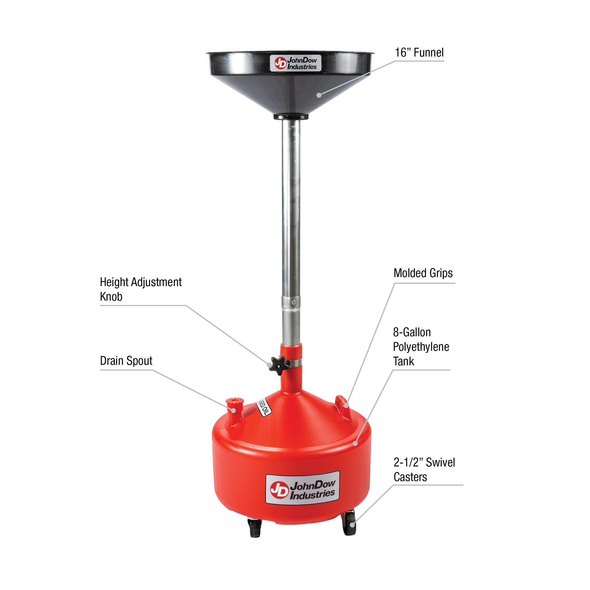 JohnDow Industries JDI-8DCP 8 Gallon Poly Portable Oil Drain Pump - Adjustable Height 48-67 inch with Wheels for Easy Mobility - Ideal for Automotive Shops, DIY Oil Changes & Garage Maintenance