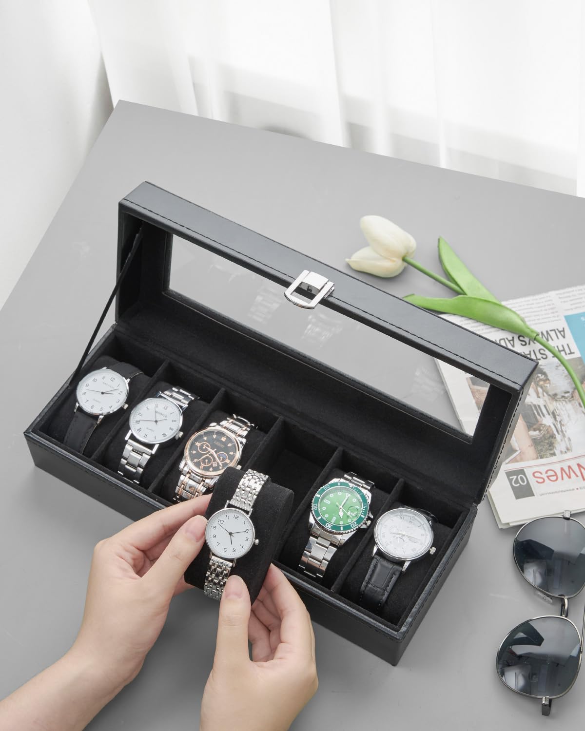 Ohuhu 6 Slot Watch Box with PU Leather & Real Glass Lid - Premium Watch Display & Storage Case for Men & Women - Perfect for Travel, Home, Office & Gift Giving