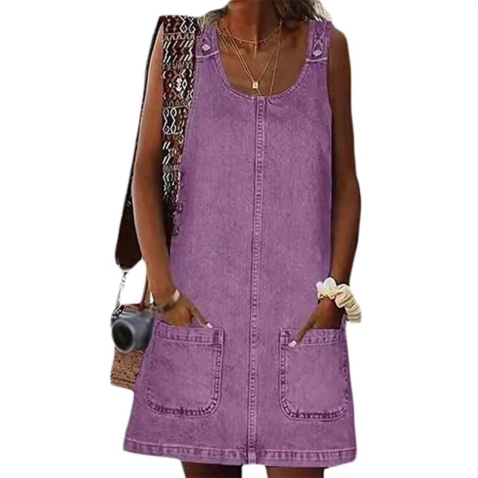 FUZUAA Women's Denim Dungaree Skirt - Sleeveless Short Jumpsuit Dress with Suspenders & Pockets - Plus Size Casual Outfit for Summer, Beach, Streetwear Fashion
