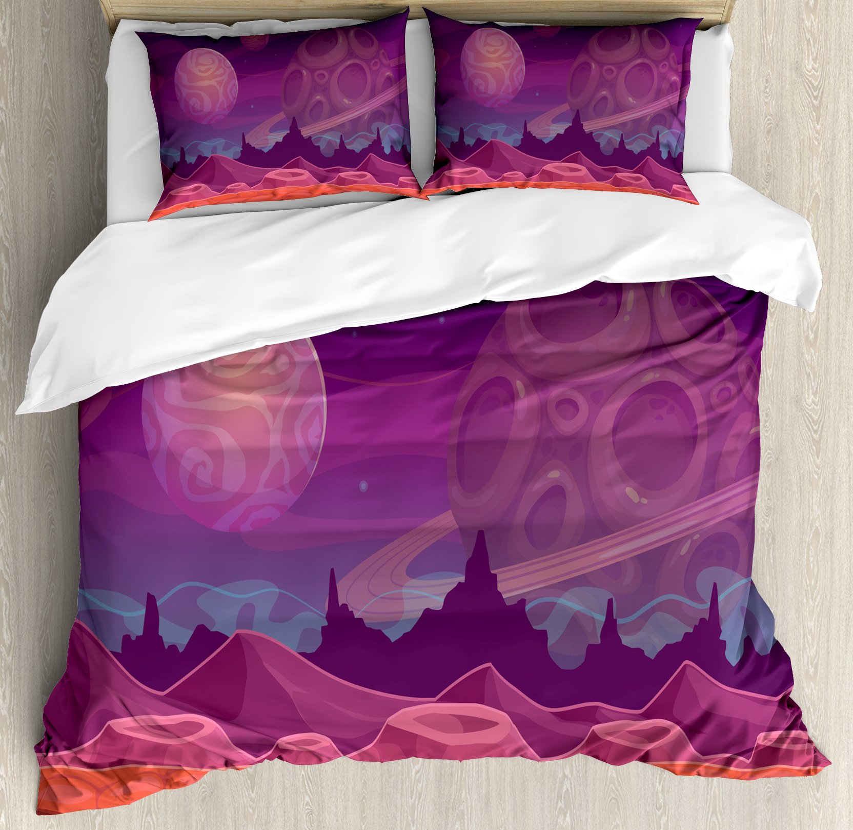Ambesonne Fantasy Duvet Cover Set - King Size 3-Piece Bedding with Purple Alien Landscape & Planets Design, Includes 2 Pillow Shams | Perfect for Sci-Fi Themed Bedrooms, Space Enthusiasts & Unique Home Decor